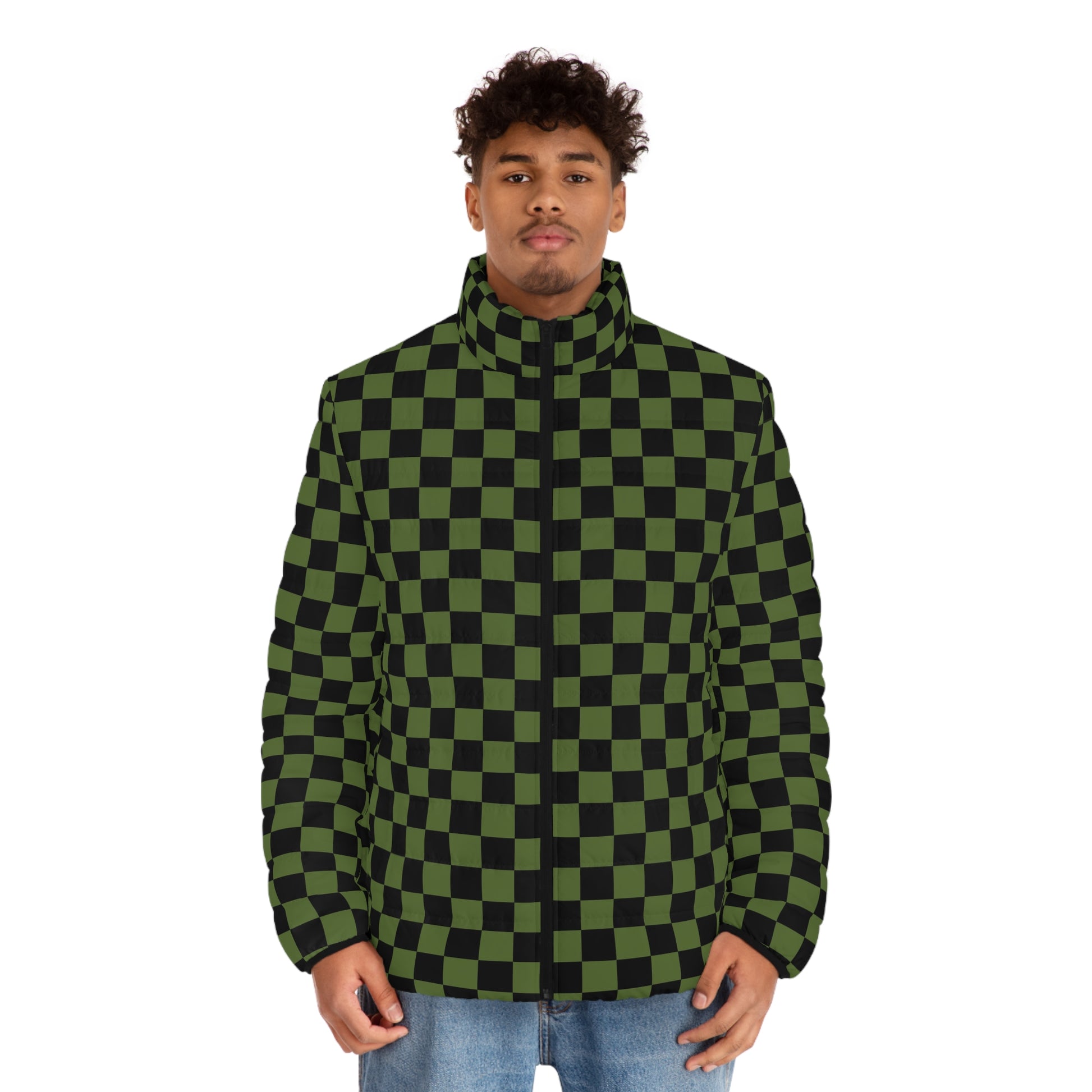 Checkerboard Olive Green and Black Men's Puffer Jacket (AOP), Artsulli - Art is Long, Life is Short, All Over Prints, , , , , , , 