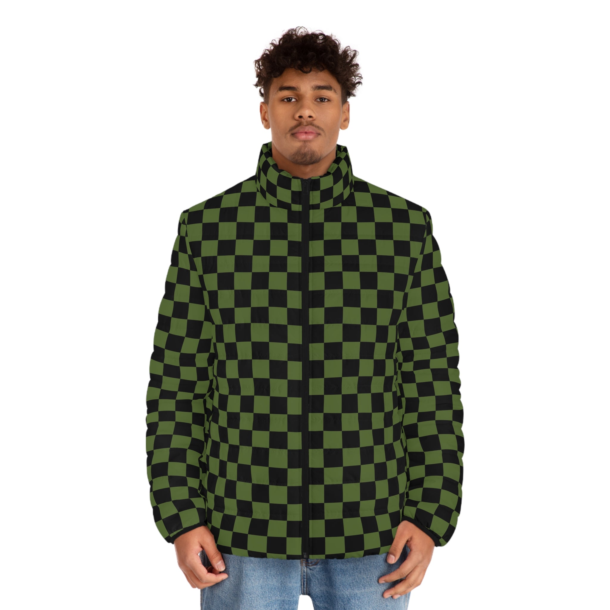 Checkerboard Olive Green and Black Men's Puffer Jacket (AOP), Artsulli - Art is Long, Life is Short, All Over Prints, , , , , , , 