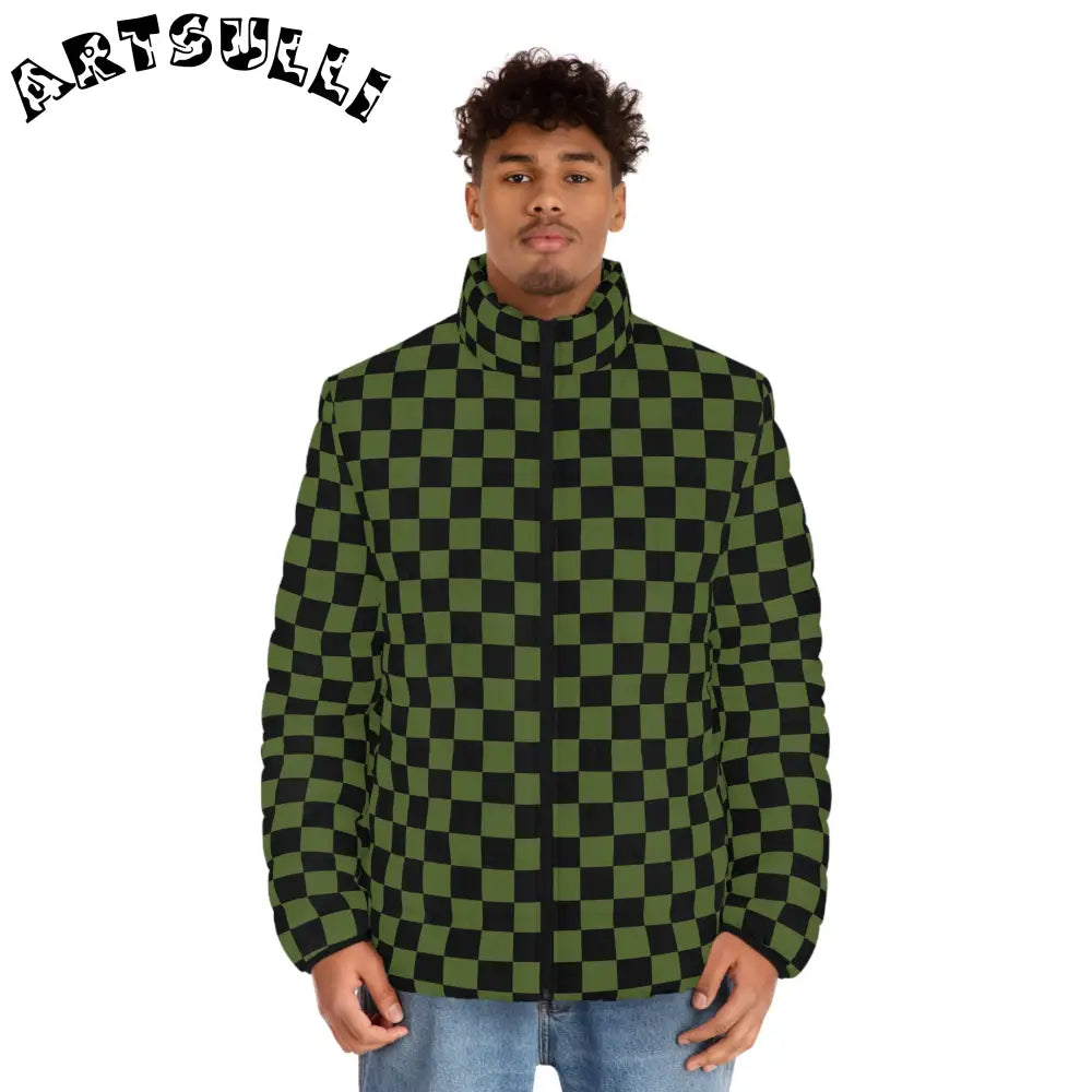 JAKKOUTTHEBXX Checkerboard Olive Green and Black Men’s Puffer Jacket