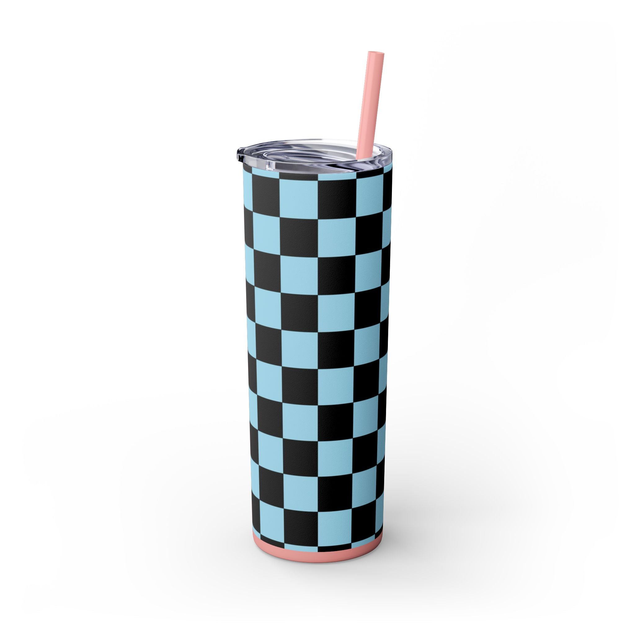 Checkerboard Black and Blue Skinny Tumbler with Straw, 20oz, Artsulli - Art is Long, Life is Short, Mug, , , , , , , 