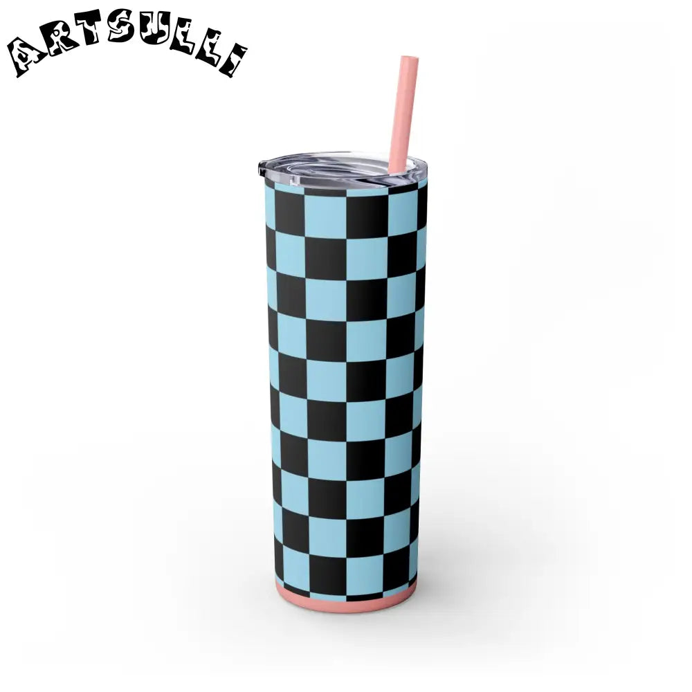 JAKKOUTTHEBXX Checkerboard Black and Blue Skinny Tumbler with Straw
