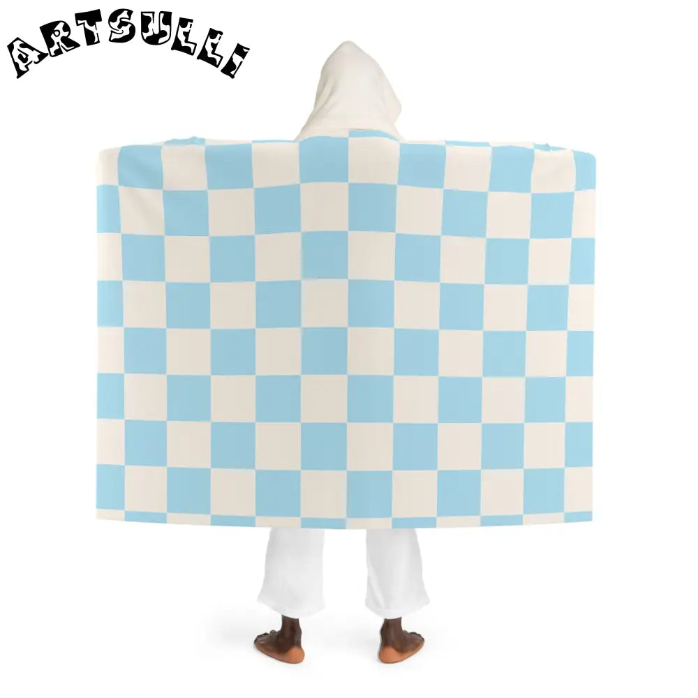 JAKKOUTTHEBXX Checkerboard Sky Blue Hooded Sherpa Fleece Blanket