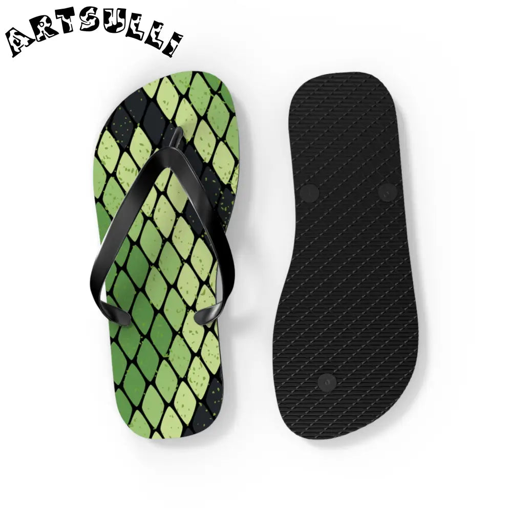 JAKKOUTTHEBXX Snake Skin Green and Black Flip Flops JAKKOUTTHEBXX