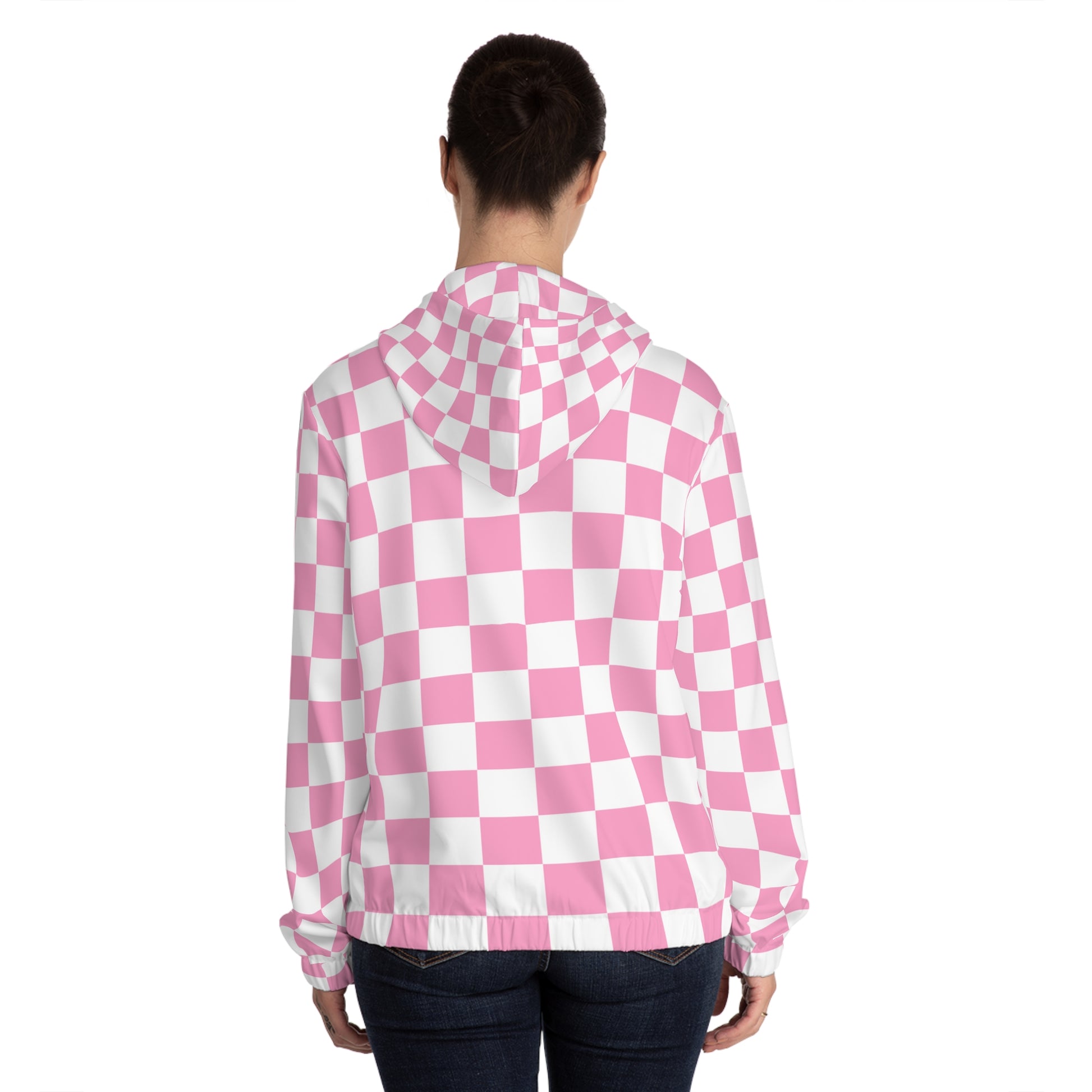 Checkerboard Hot Pink and White Women’s Full-Zip Hoodie (AOP), Artsulli - Art is Long, Life is Short, All Over Prints, , , , , , , 