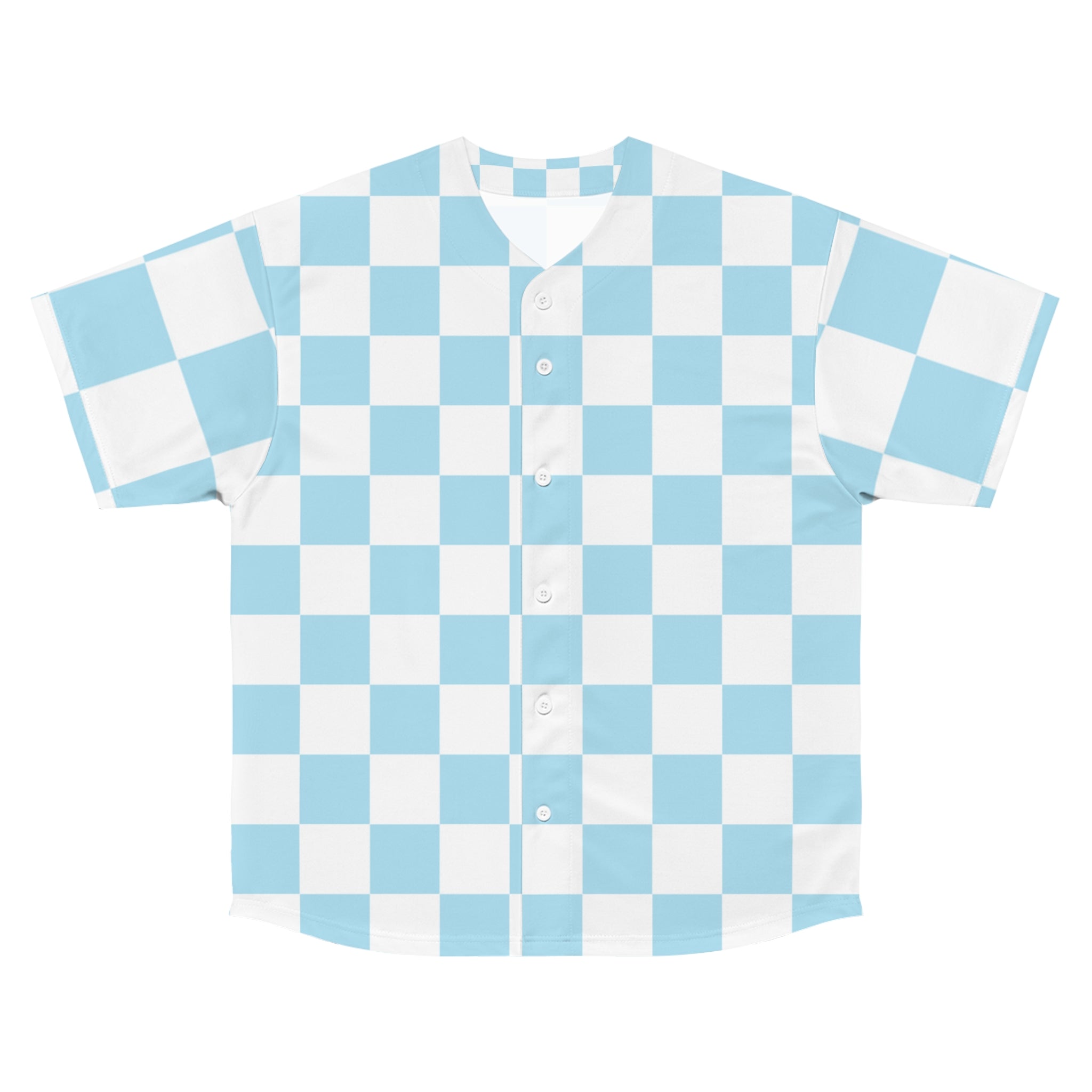 Checkerboard Sky Blue Men's Baseball Jersey (AOP), Artsulli - Art is Long, Life is Short, All Over Prints, Size, S, Color, Seam thread color automatically matched to design, , , 22320653460389000183