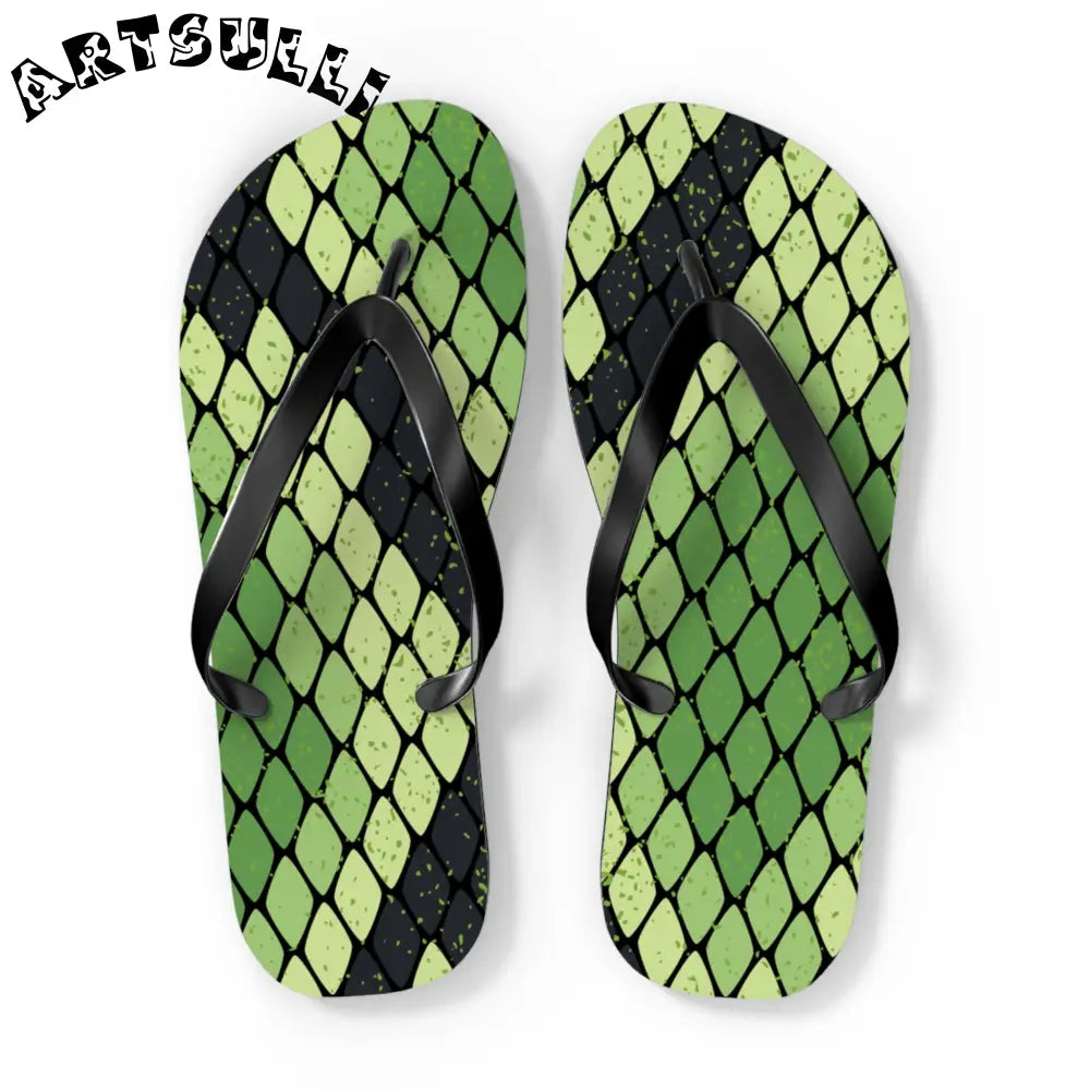 JAKKOUTTHEBXX Snake Skin Green and Black Flip Flops JAKKOUTTHEBXX