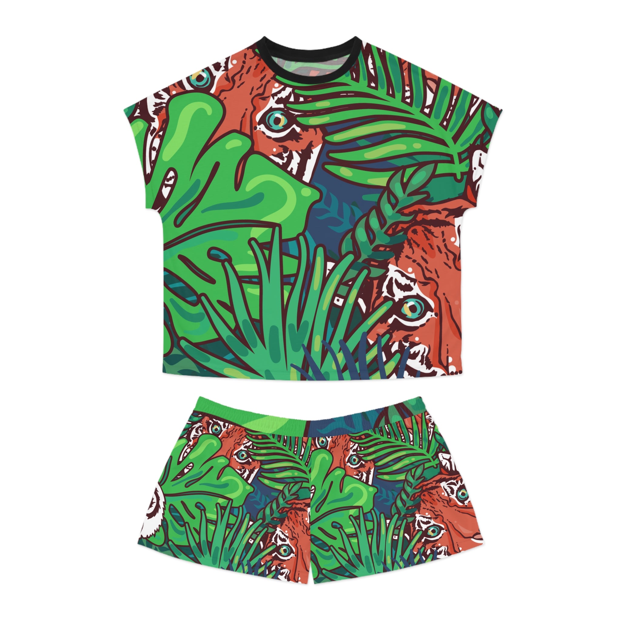 Tropical Jungle Tigers Blue and Green Women's Short Pajama Set (AOP), Artsulli - Art is Long, Life is Short, All Over Prints, Size, S, Color, Black, , , 14360223697399