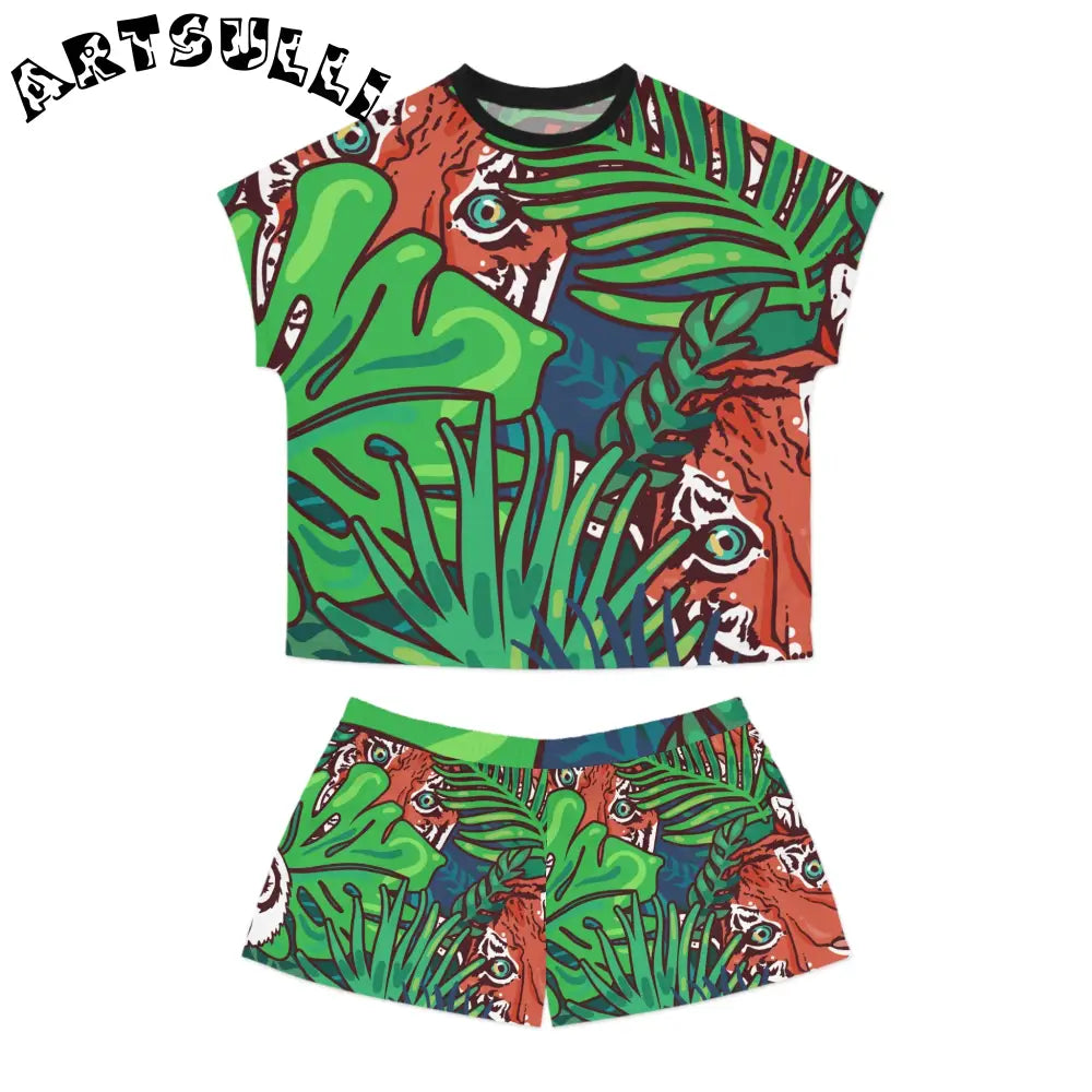JAKKOUTTHEBXX Tropical Jungle Tigers Blue and Green Women’s Short