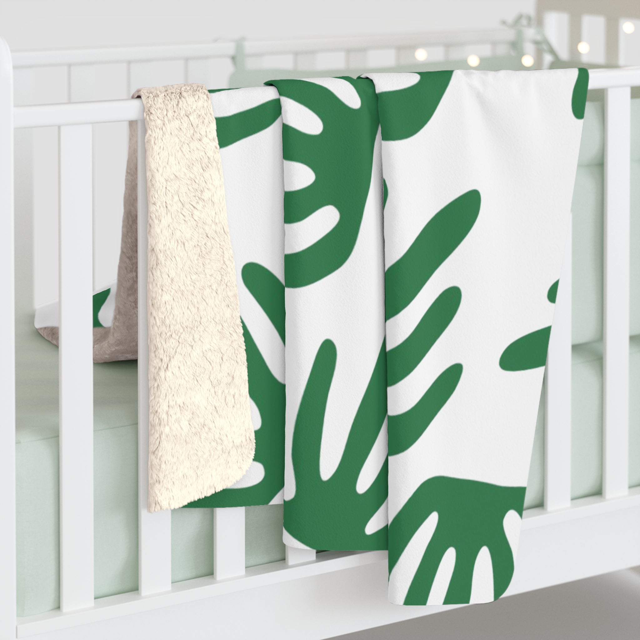 Green Palm Leaves White Sherpa Fleece Blanket, Artsulli - Art is Long, Life is Short, Home Decor, , , , , , , 