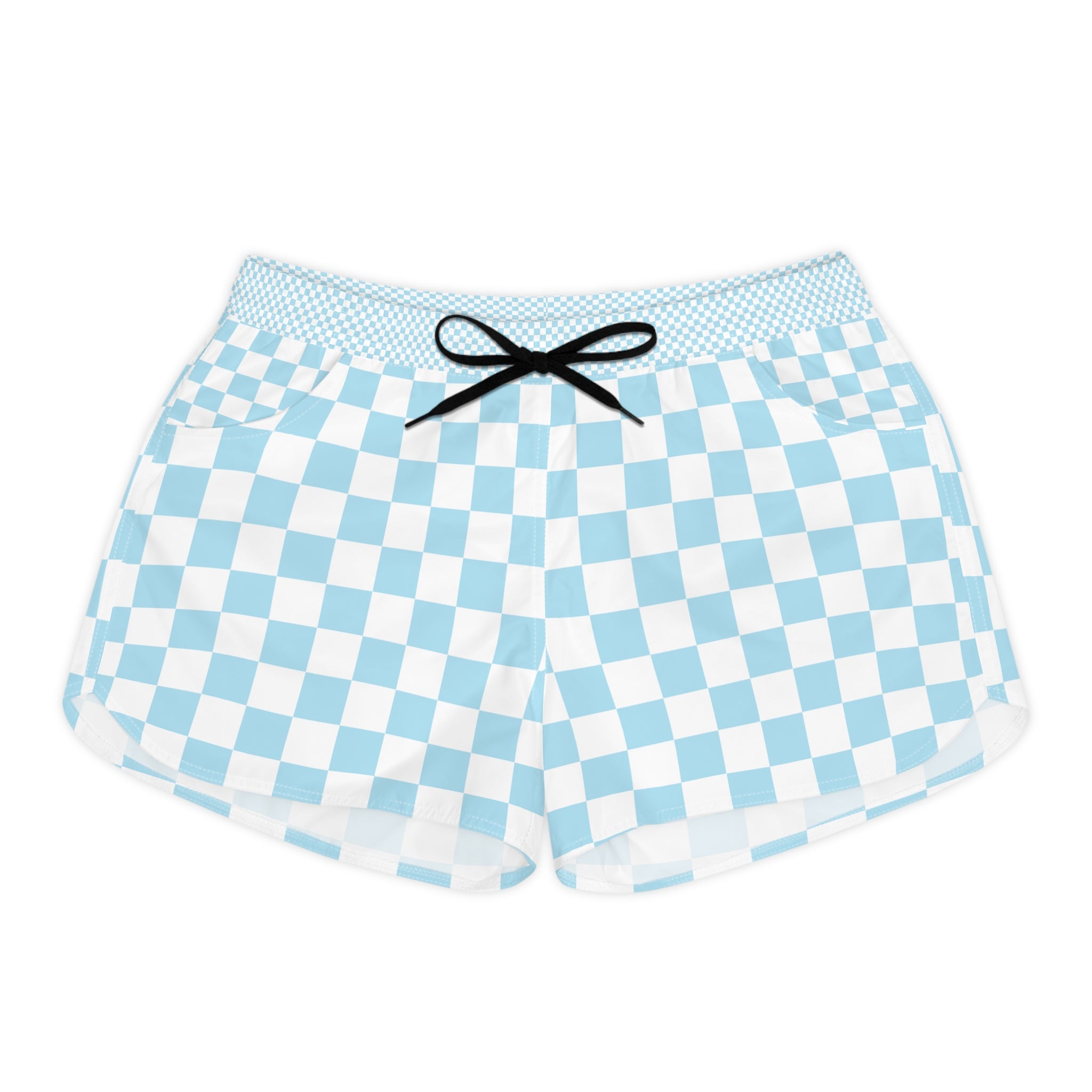 Checkerboard Sky Blue Women's Casual Shorts (AOP), Artsulli - Art is Long, Life is Short, All Over Prints, Size, S, Color, Black drawstring, , , 29279177049279576764
