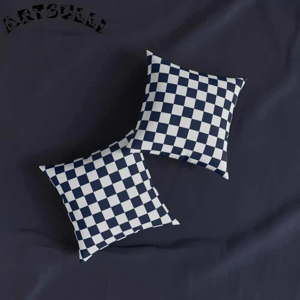 JAKKOUTTHEBXX Checkerboard White and Navy Blue Square Pillow