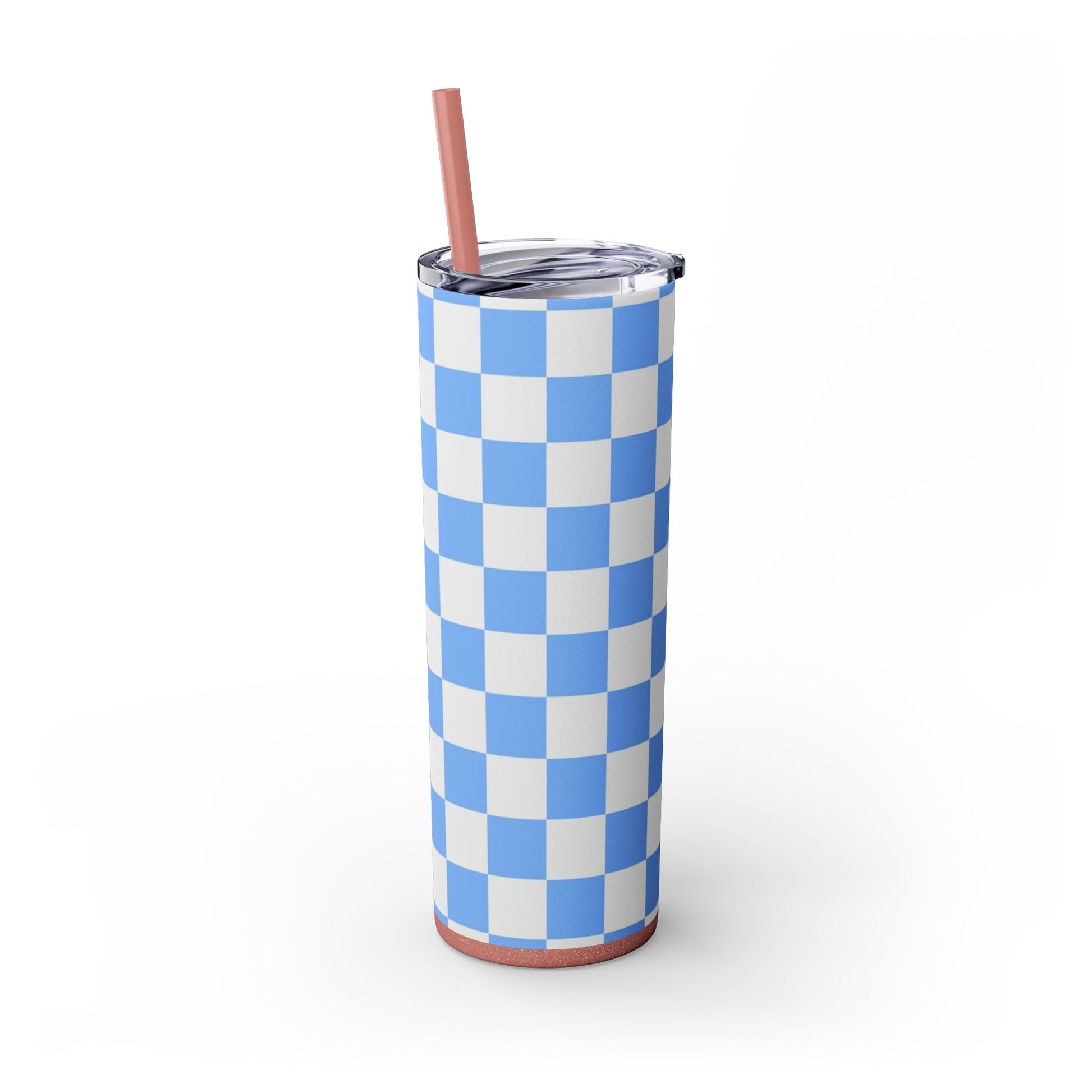 Checkerboard White and Light Blue Skinny Tumbler with Straw, 20oz, Artsulli - Art is Long, Life is Short, Mug, , , , , , , 