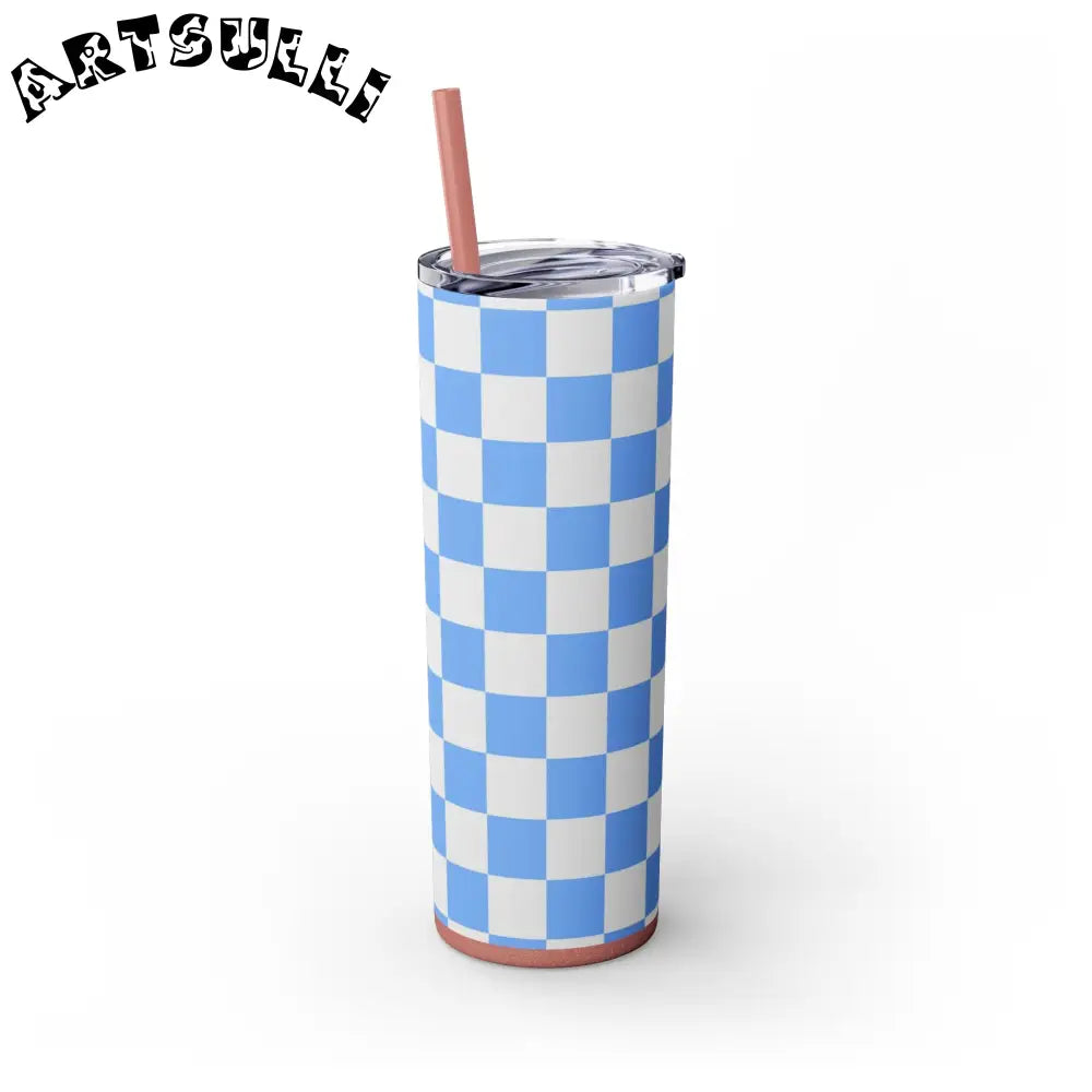 JAKKOUTTHEBXX Checkerboard White and Light Blue Skinny Tumbler