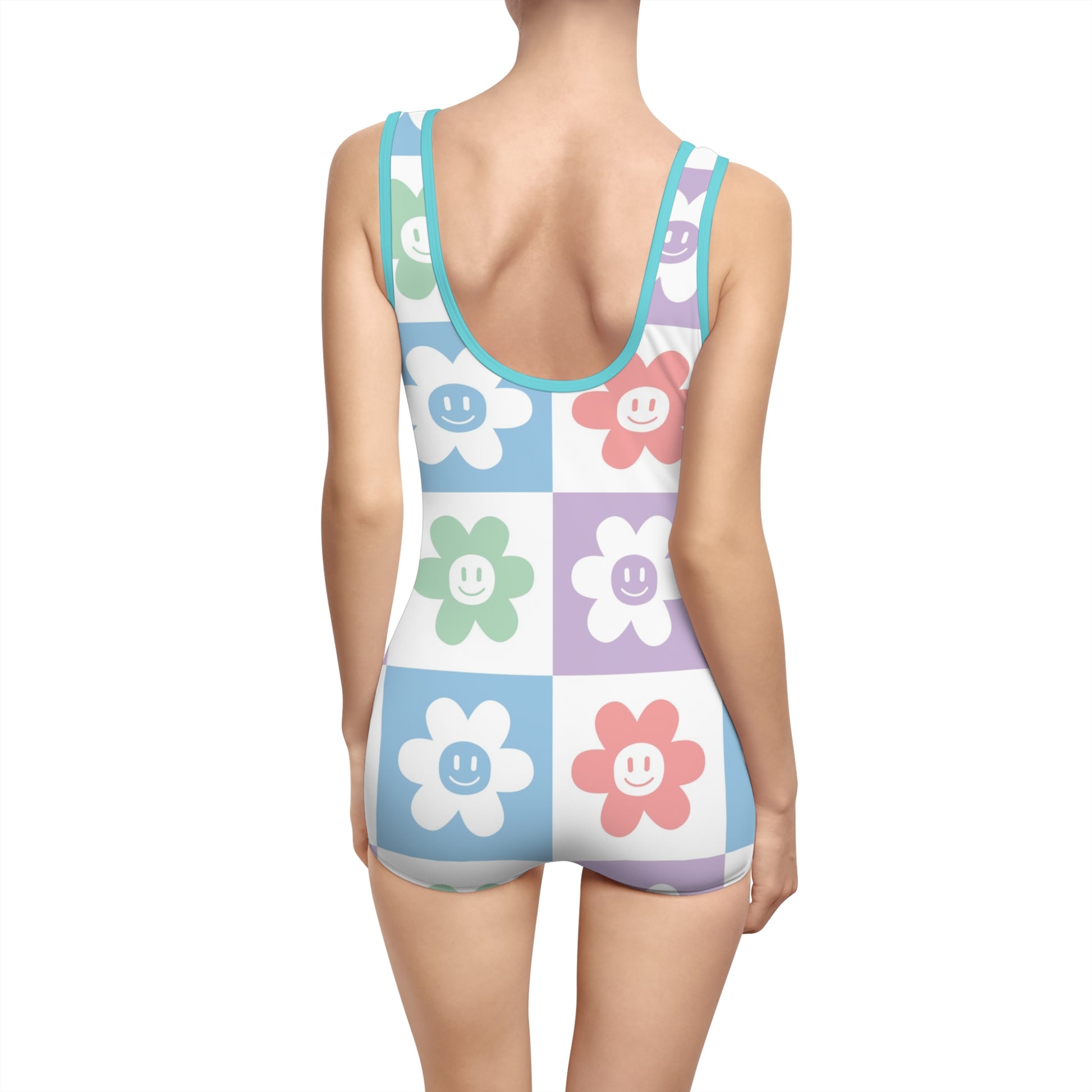 Chessboard x Smiley Face Flowers Multi-Color Women's Vintage Swimsuit (AOP), Artsulli - Art is Long, Life is Short, All Over Prints, , , , , , , 