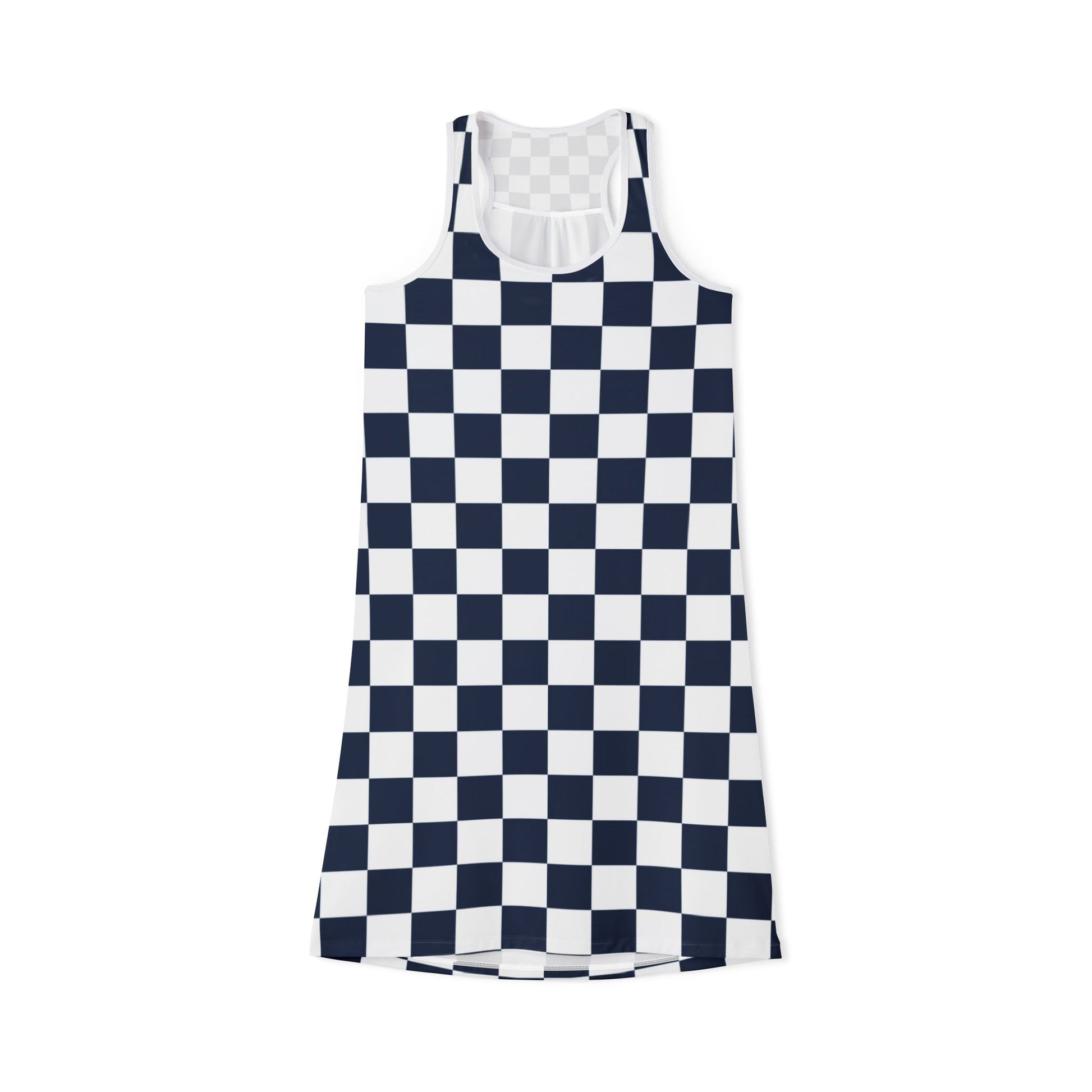 Checkerboard White and Navy Blue Women's Racerback Dress (AOP), Artsulli - Art is Long, Life is Short, Tank Top, Size, XS, Color, White, , , 20286535282334458964
