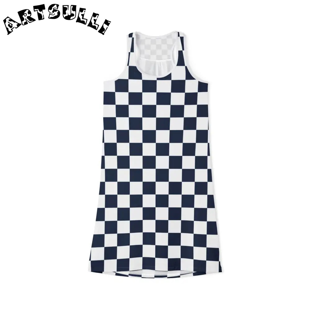JAKKOUTTHEBXX Checkerboard White and Navy Blue Women’s Racerback