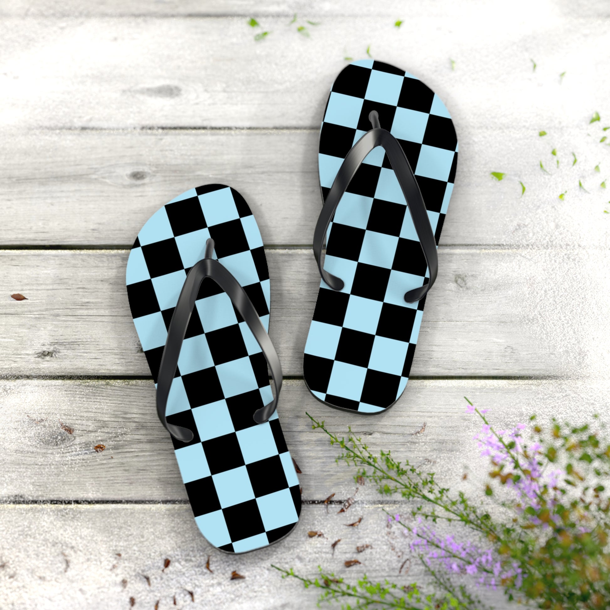Checkerboard Black and Blue Flip Flops, Artsulli - Art is Long, Life is Short, Shoes, , , , , , , 