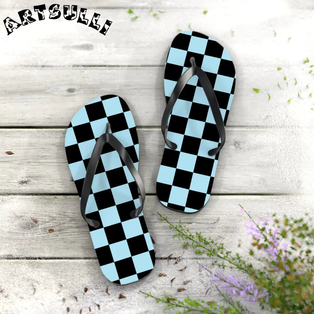 JAKKOUTTHEBXX Checkerboard Black and Blue Flip Flops JAKKOUTTHEBXX