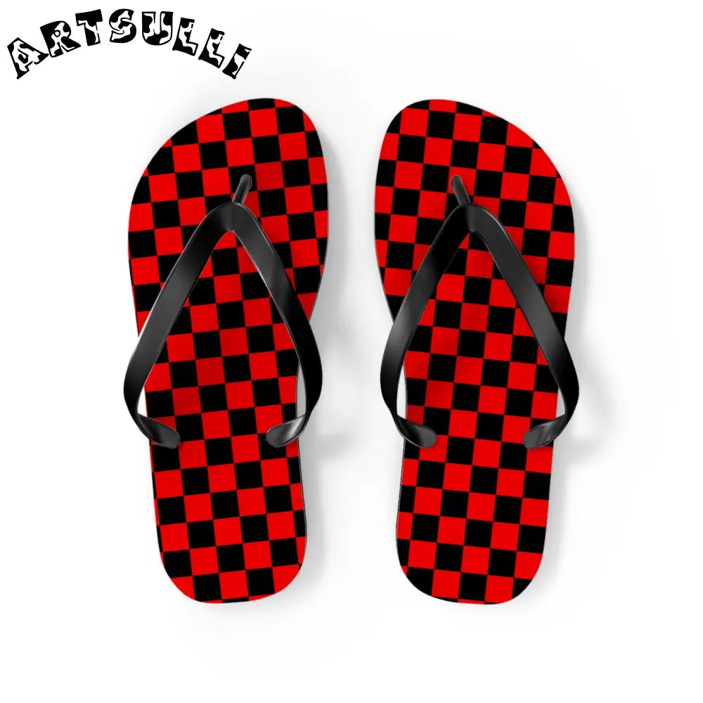 JAKKOUTTHEBXX Checkerboard Red and Black Flip Flops JAKKOUTTHEBXX