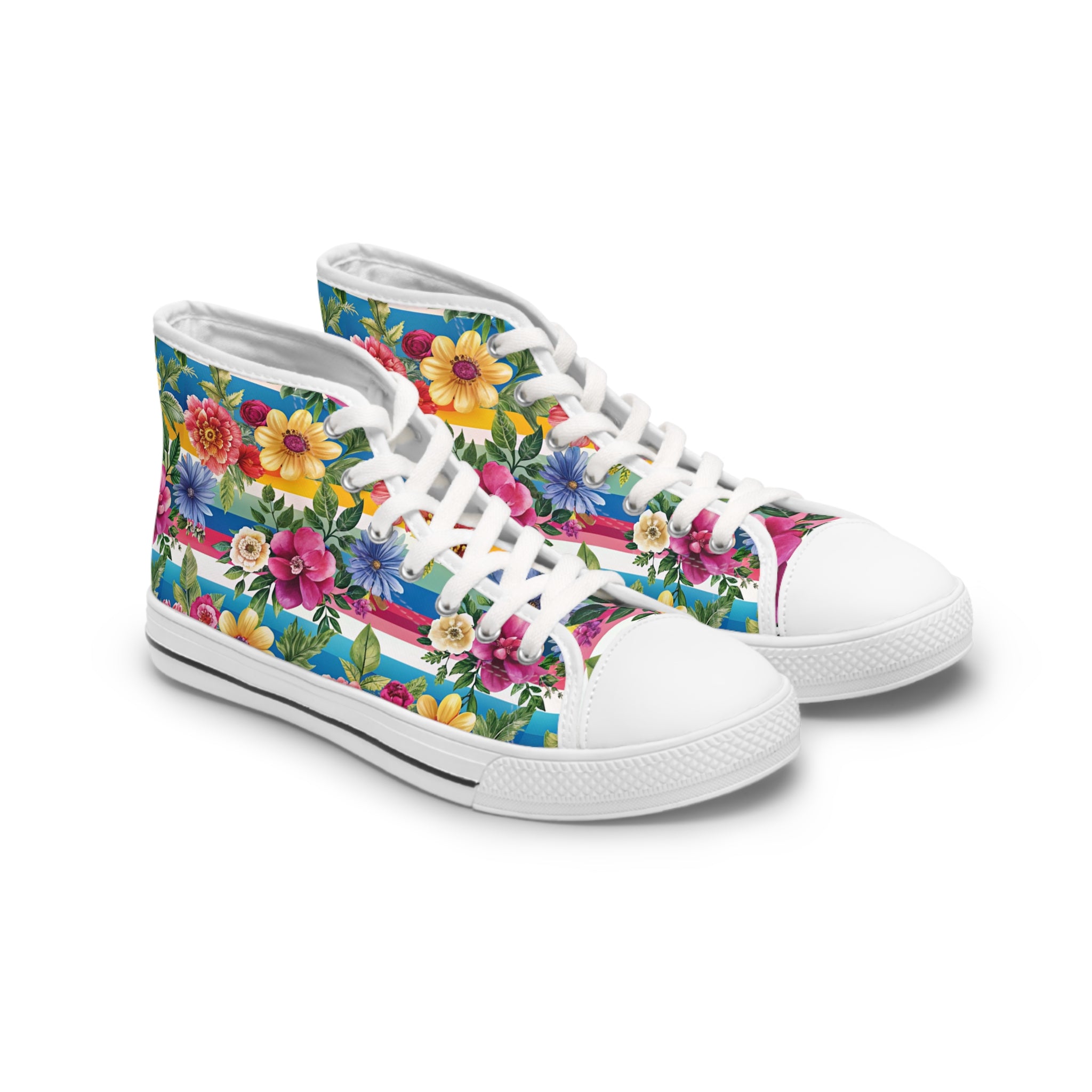Floral Stripe 4K III Women's High Top Sneakers, Artsulli - Art is Long, Life is Short, Shoes, Size, US 5.5, Color, White sole, , , 28925410734645915333