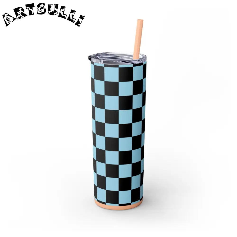 JAKKOUTTHEBXX Checkerboard Black and Blue Skinny Tumbler with Straw
