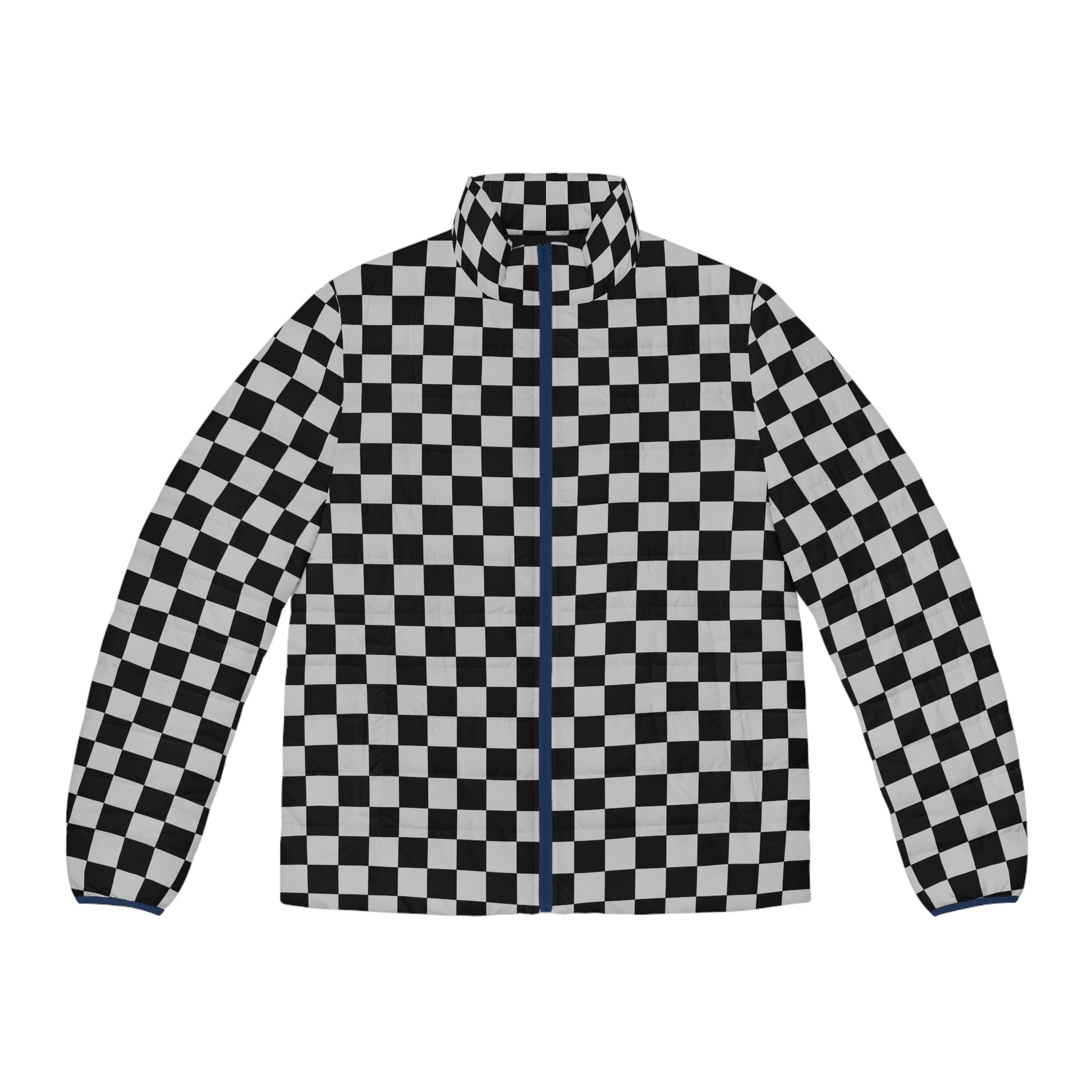 Checkerboard Dada Black and Light Gray Men's Puffer Jacket (AOP), Artsulli - Art is Long, Life is Short, All Over Prints, Size, S, Color, Dark blue zipper, , , 11691255257331491296