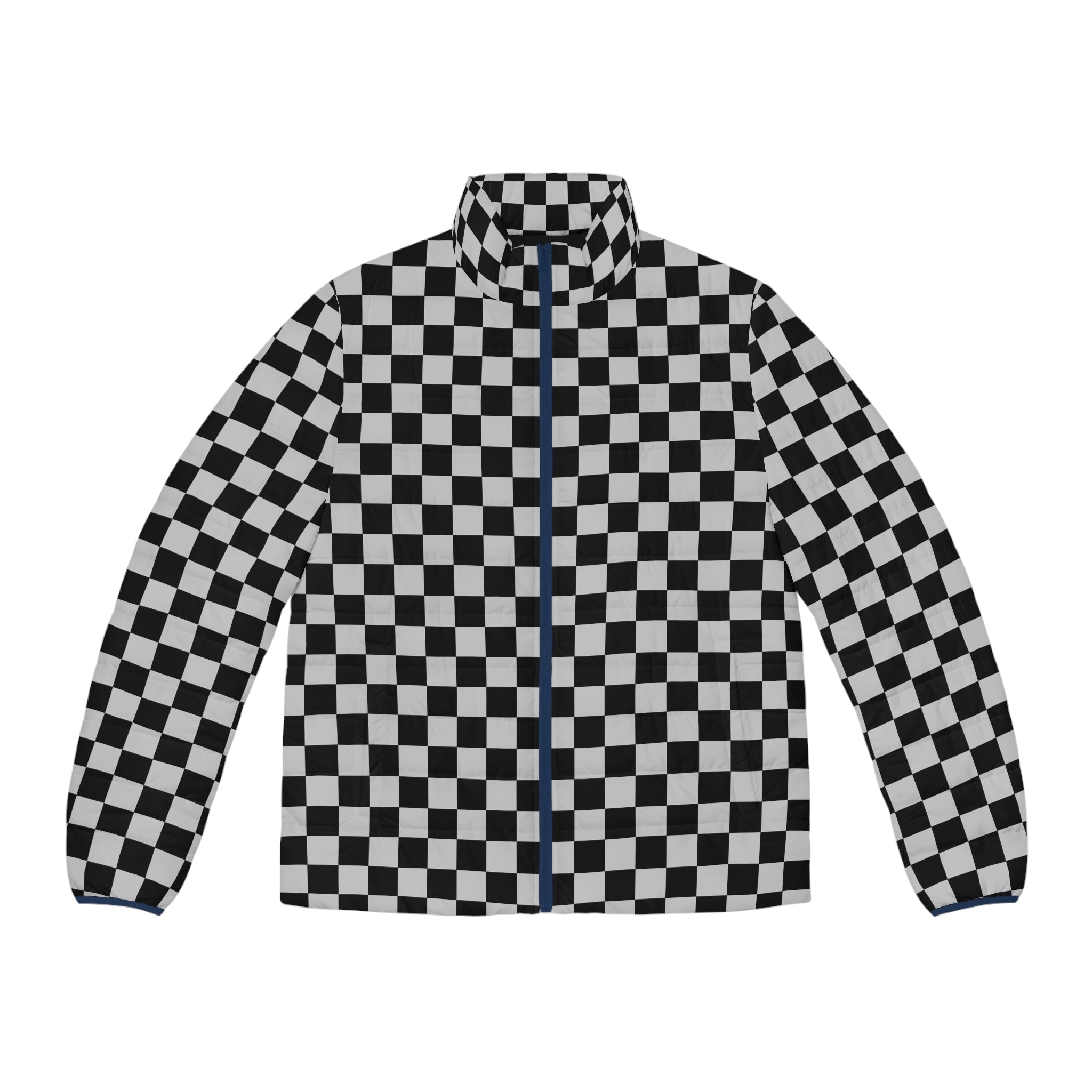 Checkerboard Dada Black and Light Gray Men's Puffer Jacket (AOP), Artsulli - Art is Long, Life is Short, All Over Prints, Size, S, Color, Dark blue zipper, , , 11691255257331491296