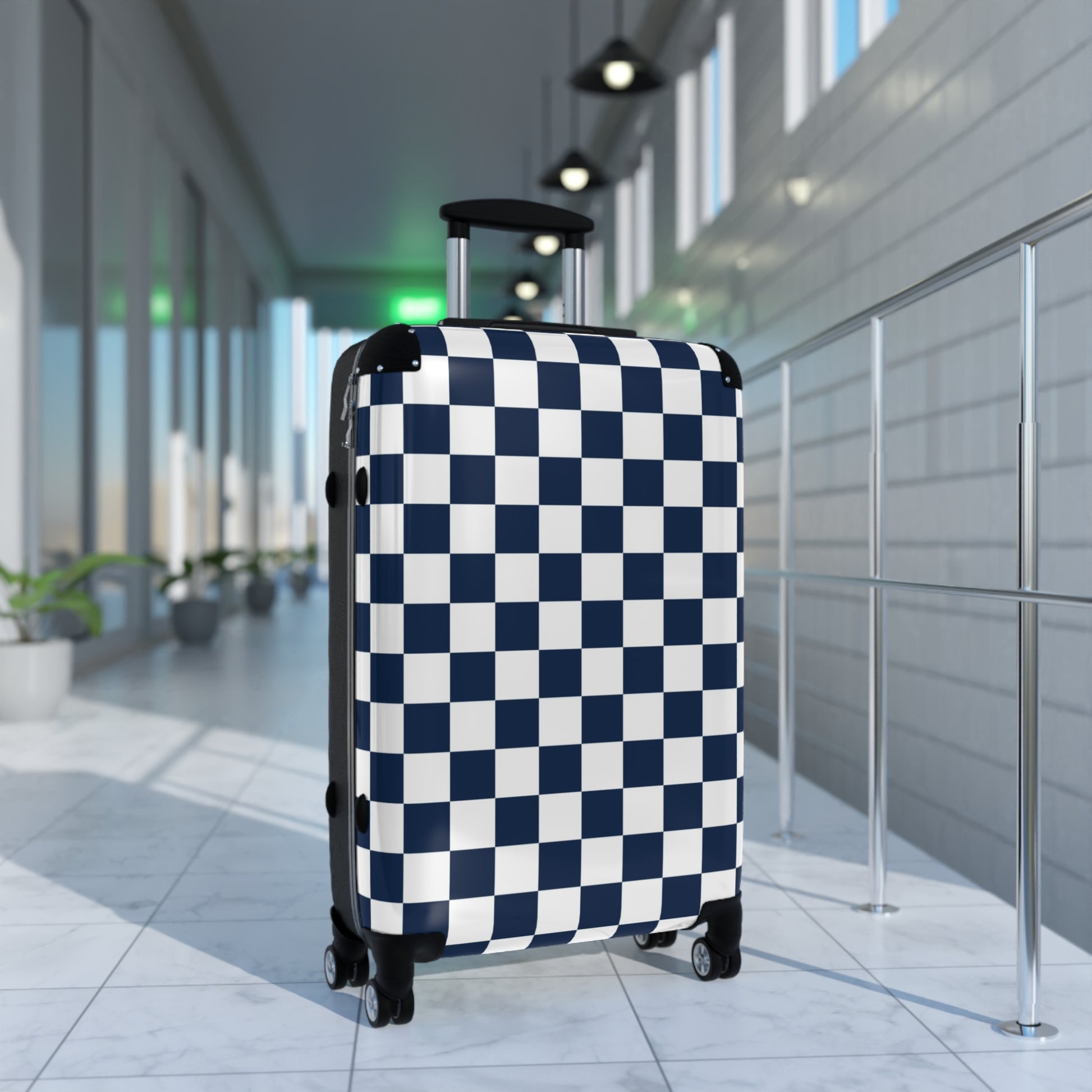 Checkerboard White and Navy Blue Suitcase, Artsulli - Art is Long, Life is Short, Bags, , , , , , , 