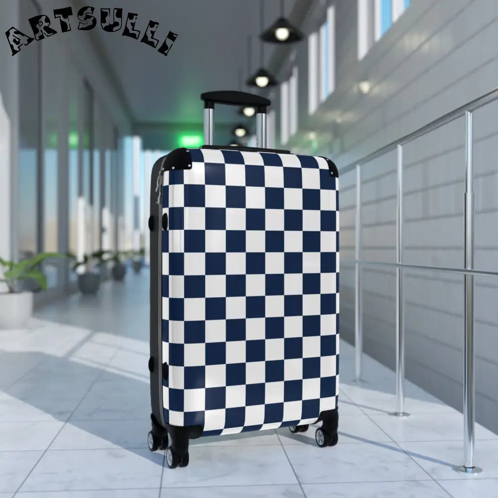JAKKOUTTHEBXX Checkerboard White and Navy Blue Suitcase