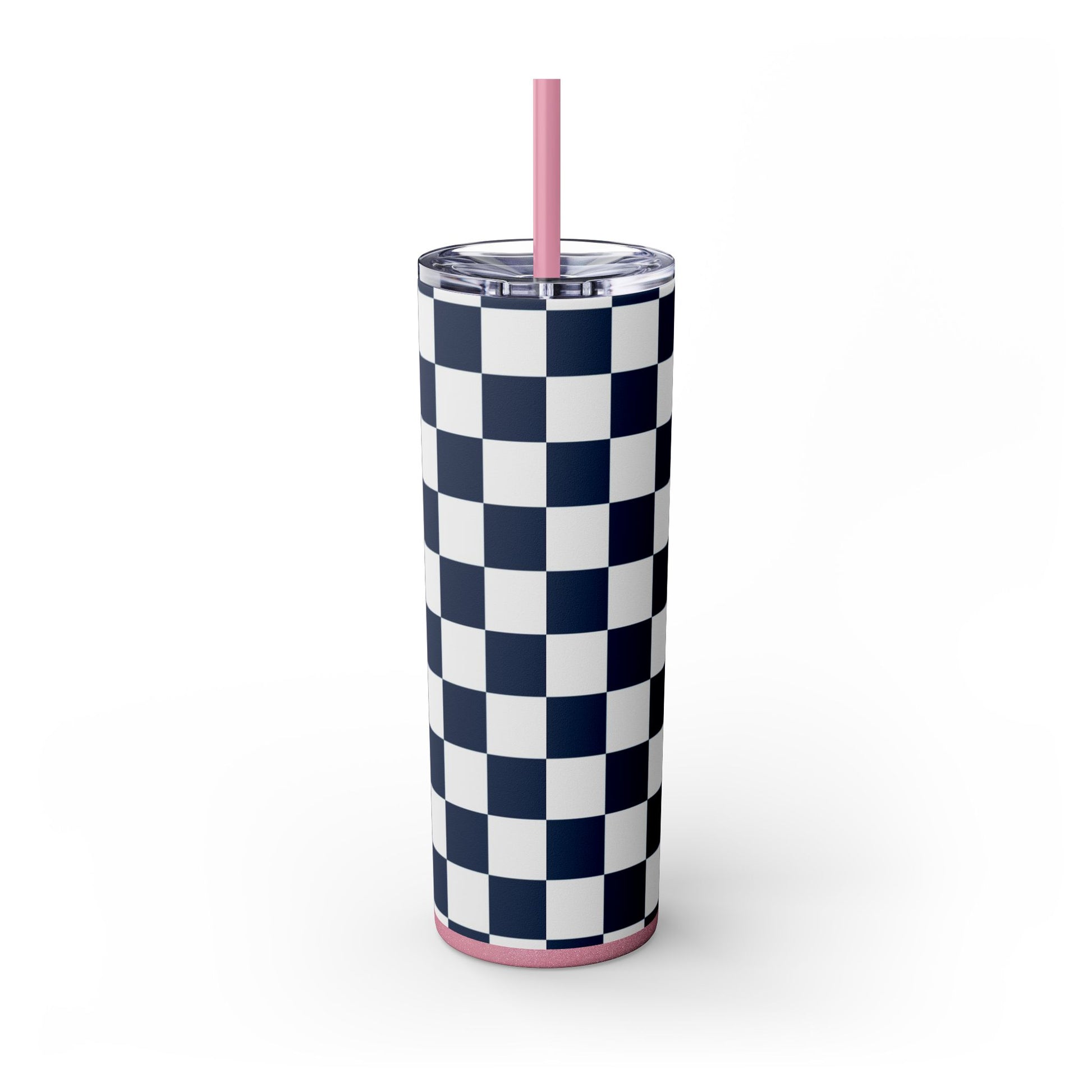 Checkerboard White and Navy Blue Skinny Tumbler with Straw, 20oz, Artsulli - Art is Long, Life is Short, Mug, , , , , , , 