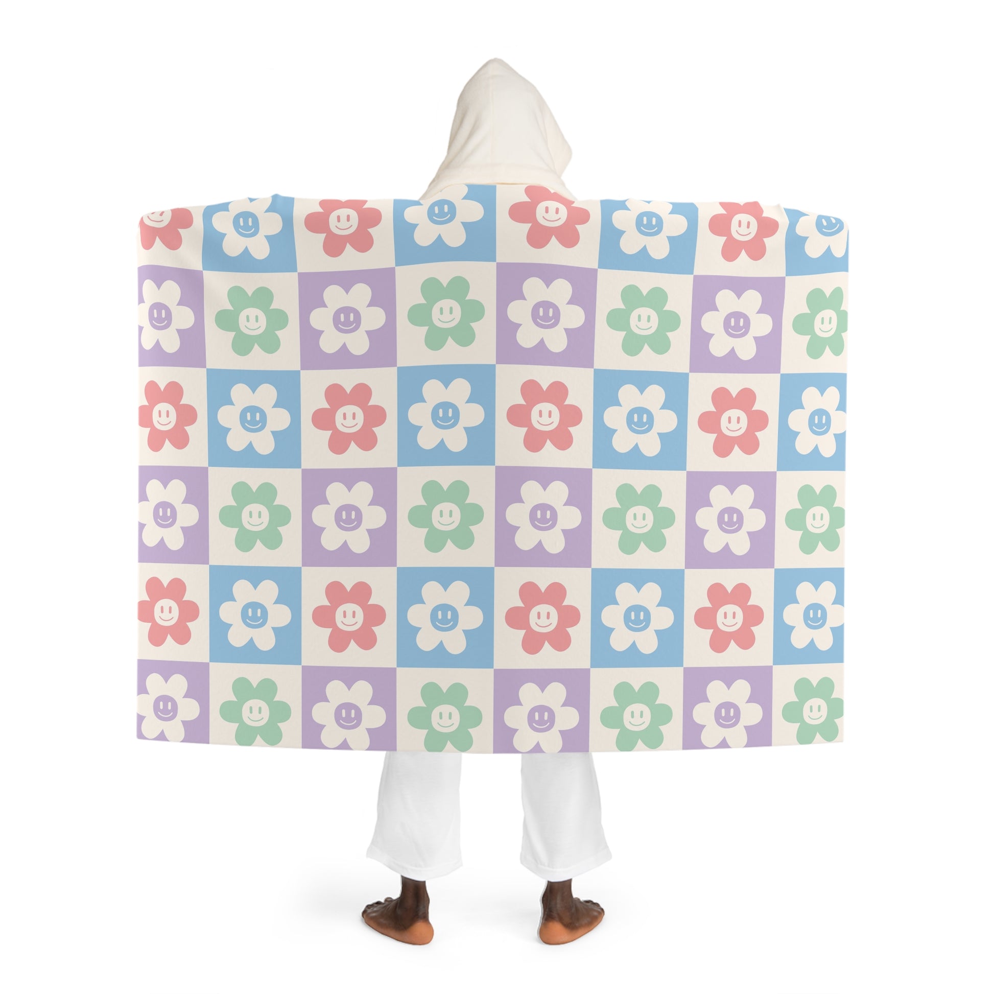 Chessboard x Smiley Face Flowers II Multi-Color  Hooded Sherpa Fleece Blanket, Artsulli - Art is Long, Life is Short, All Over Prints, , , , , , , 