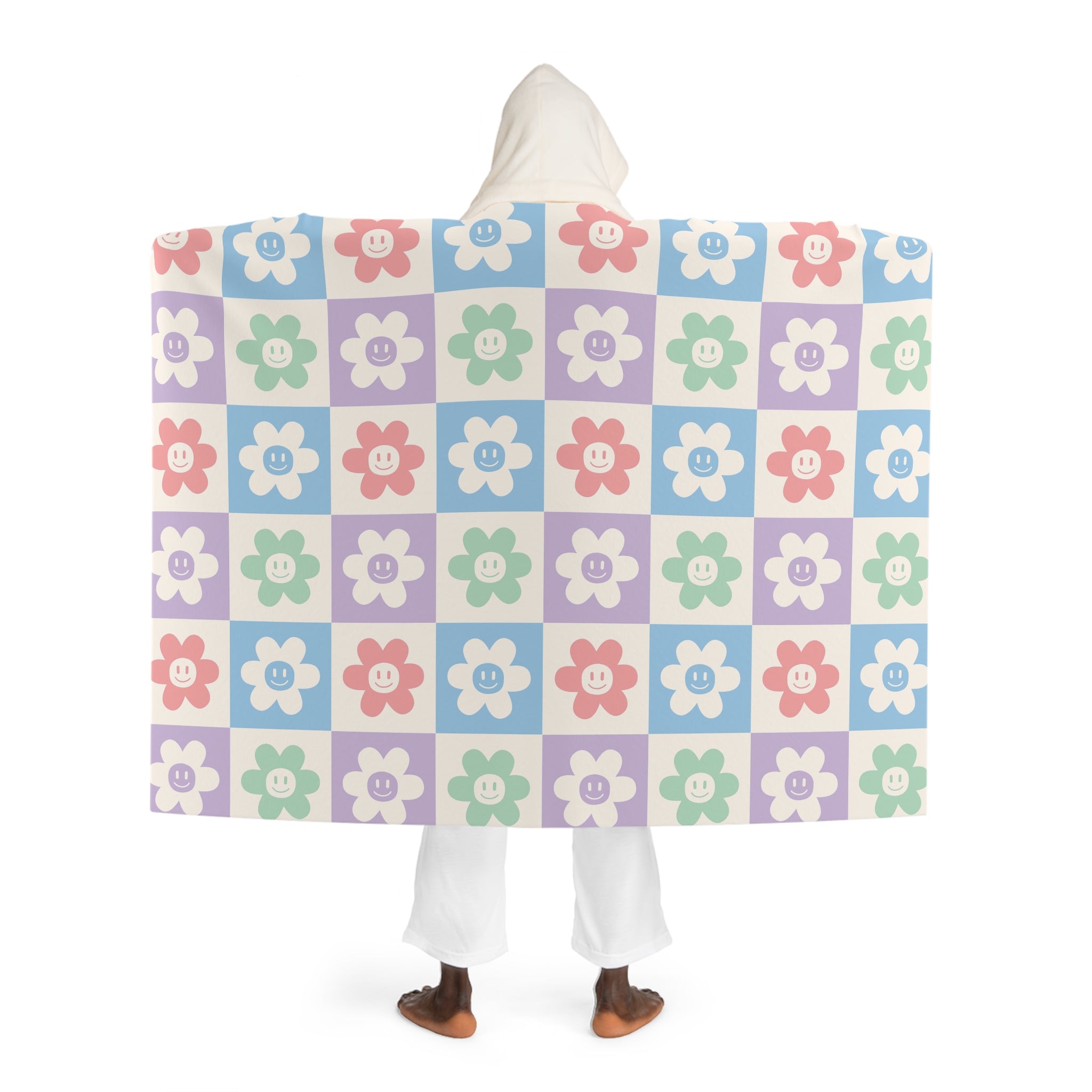Chessboard x Smiley Face Flowers II Multi-Color  Hooded Sherpa Fleece Blanket, Artsulli - Art is Long, Life is Short, All Over Prints, , , , , , , 