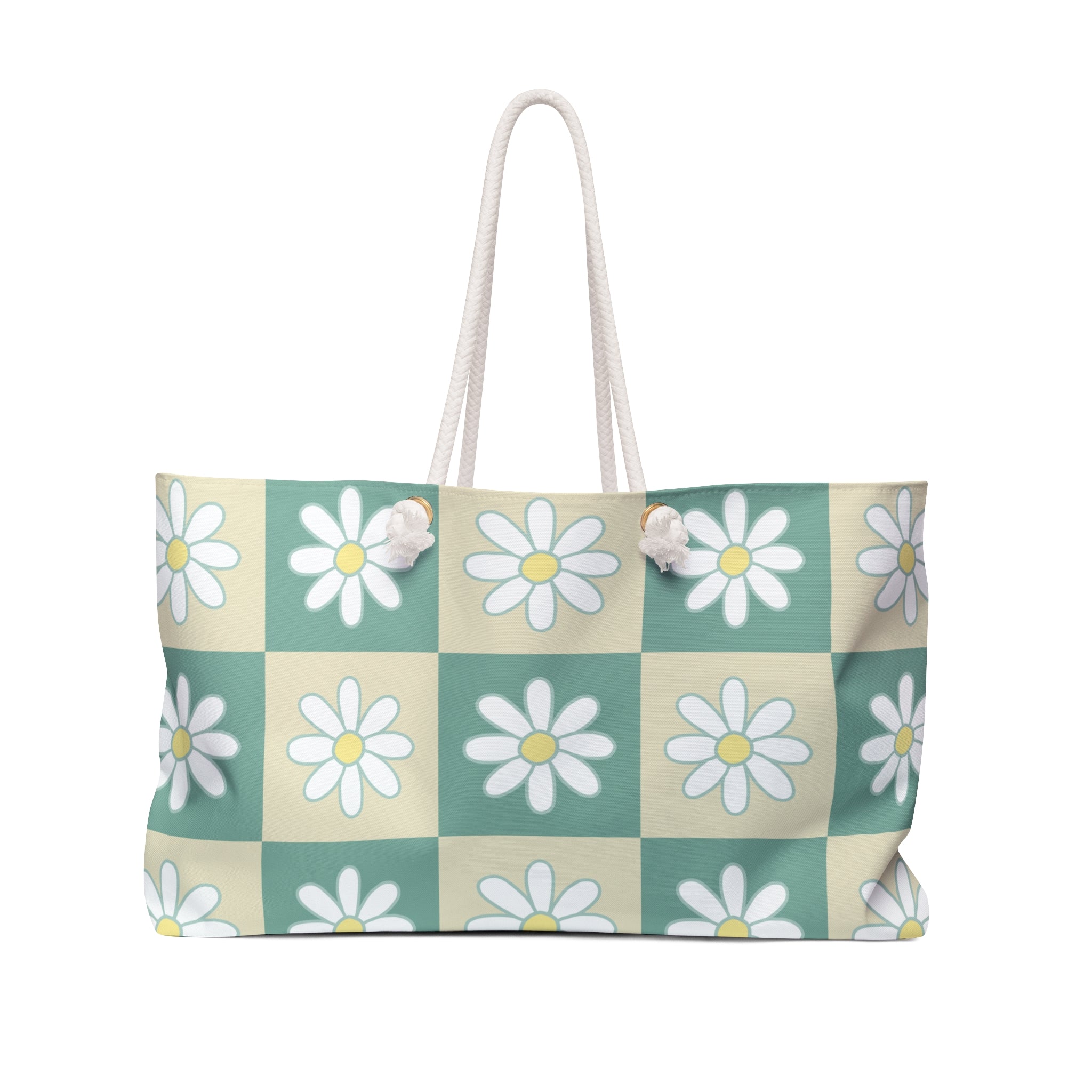 Retro Daisy Checkerboard Green and Tan Weekender Bag, Artsulli - Art is Long, Life is Short, Bags, Size, 24" × 13", , , , , 22287040303357808433