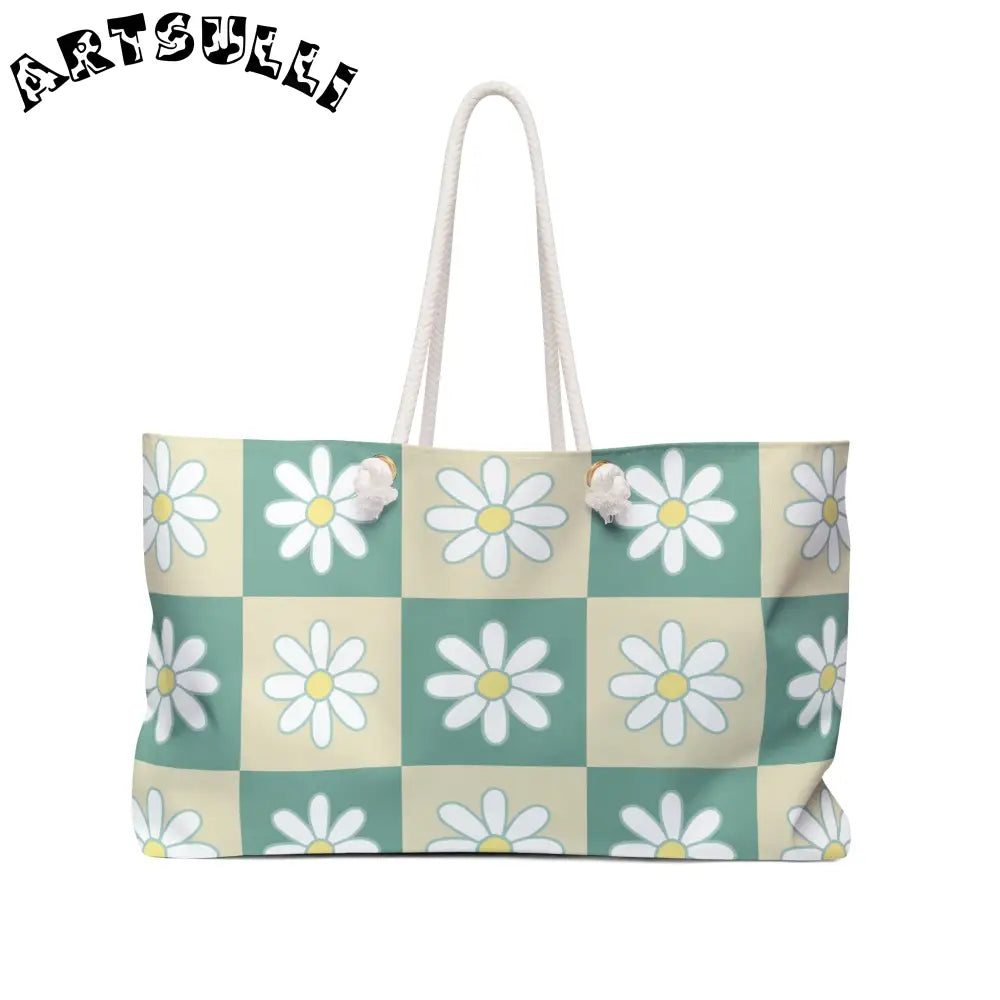 JAKKOUTTHEBXX Retro Daisy Checkerboard Green and Tan Weekender Bag