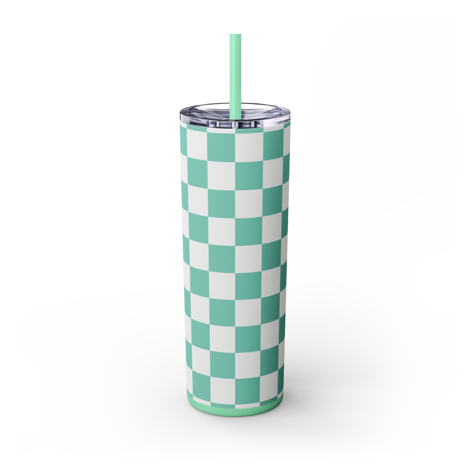 Checkerboard Light Green Skinny Tumbler with Straw, 20oz, Artsulli - Art is Long, Life is Short, Mug, , , , , , , 