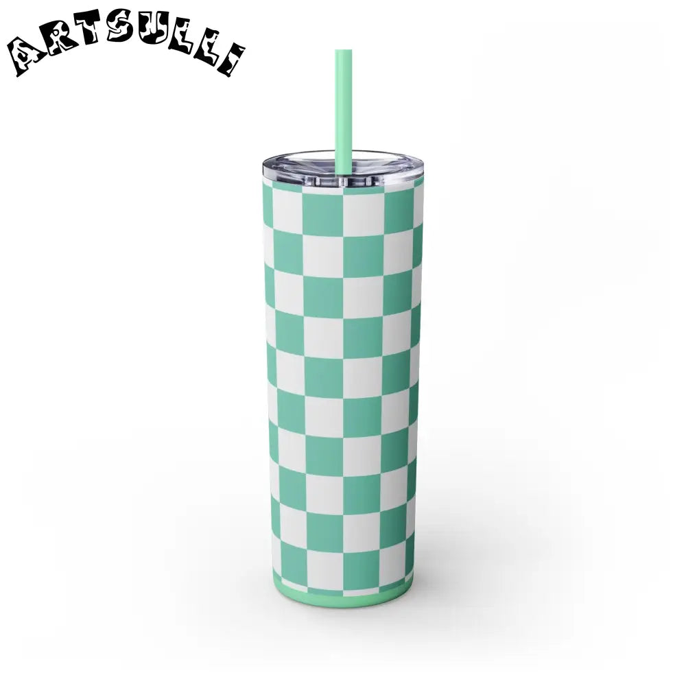 JAKKOUTTHEBXX Checkerboard Light Green Skinny Tumbler with Straw