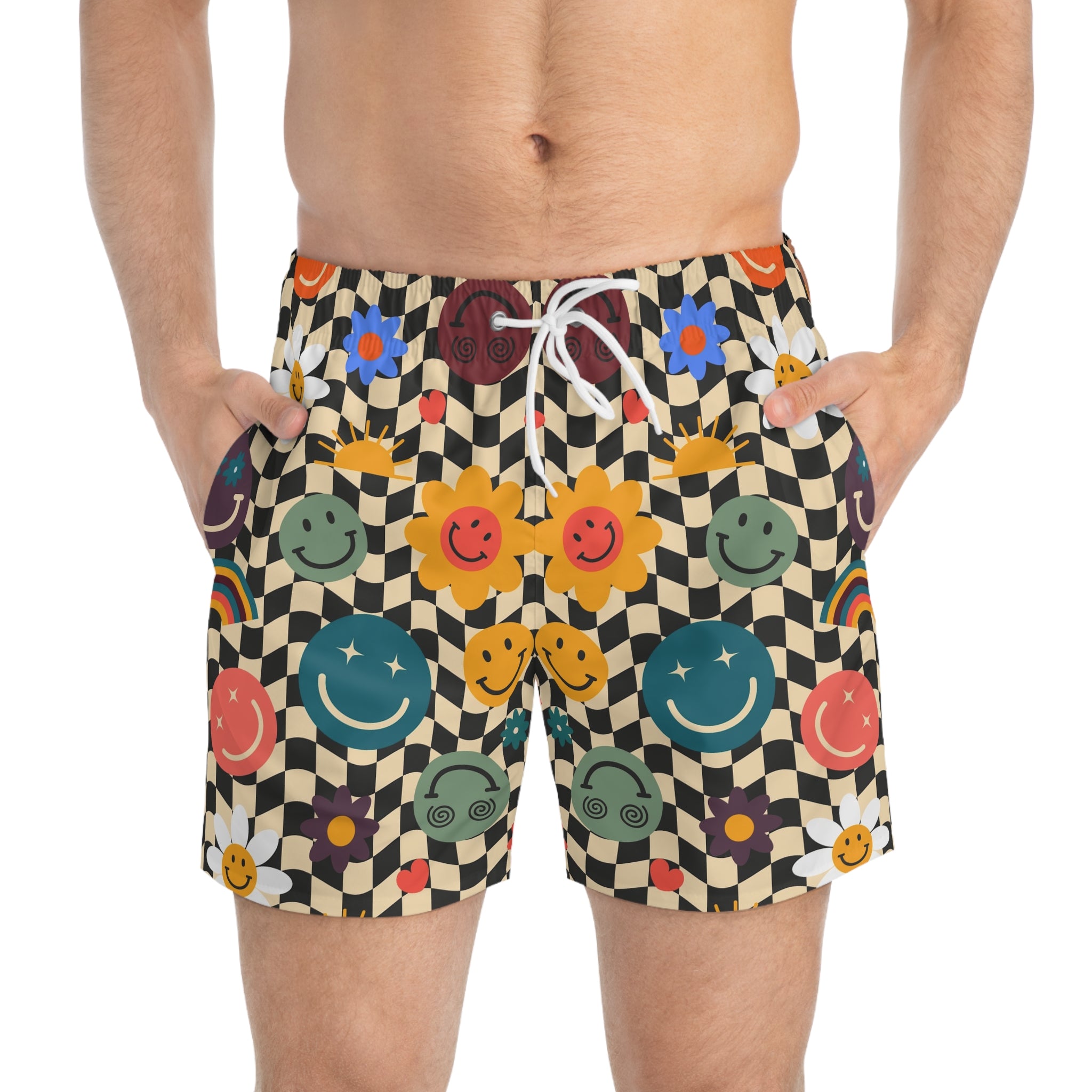 Trippy x Wavy Checkerboard x Smiley Face x Rainbow x Flowers Multi-Color Swim Trunks (AOP), Artsulli - Art is Long, Life is Short, All Over Prints, , , , , , , 