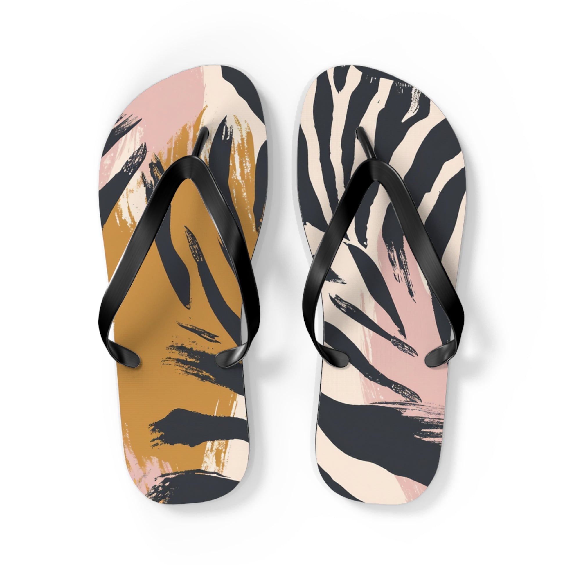 Zebra Brush Strokes Flip Flops, Artsulli - Art is Long, Life is Short, Shoes, Size, L, Color, Black sole, , , 17529898100255