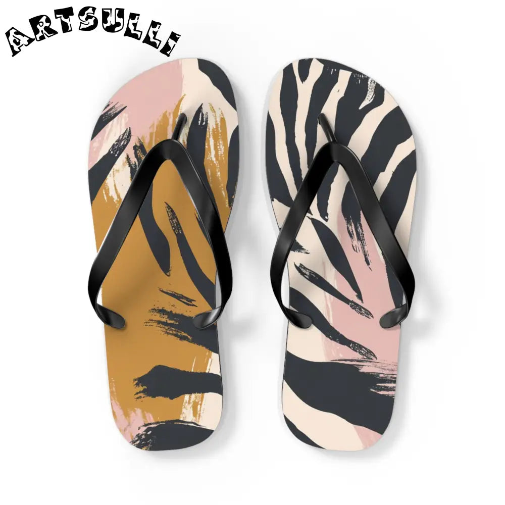 JAKKOUTTHEBXX Abstract zebra print flip flops in two color palettes