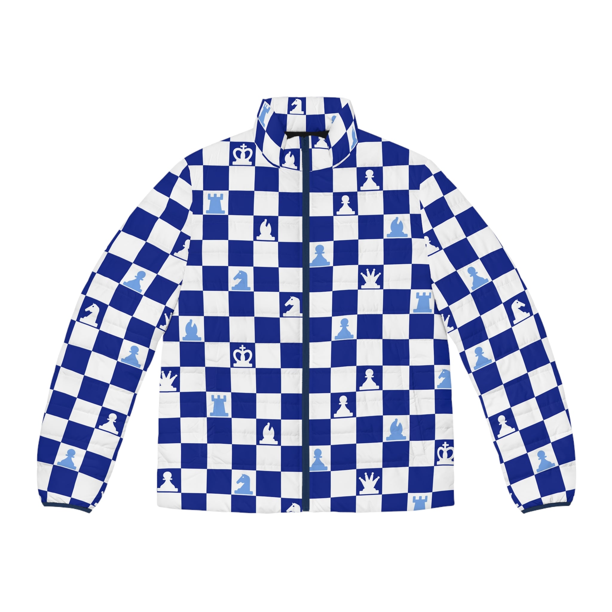 Chessboard Navy Blue Men's Puffer Jacket (AOP), Artsulli - Art is Long, Life is Short, All Over Prints, Size, S, Color, Dark blue zipper, , , 25631502615808046441