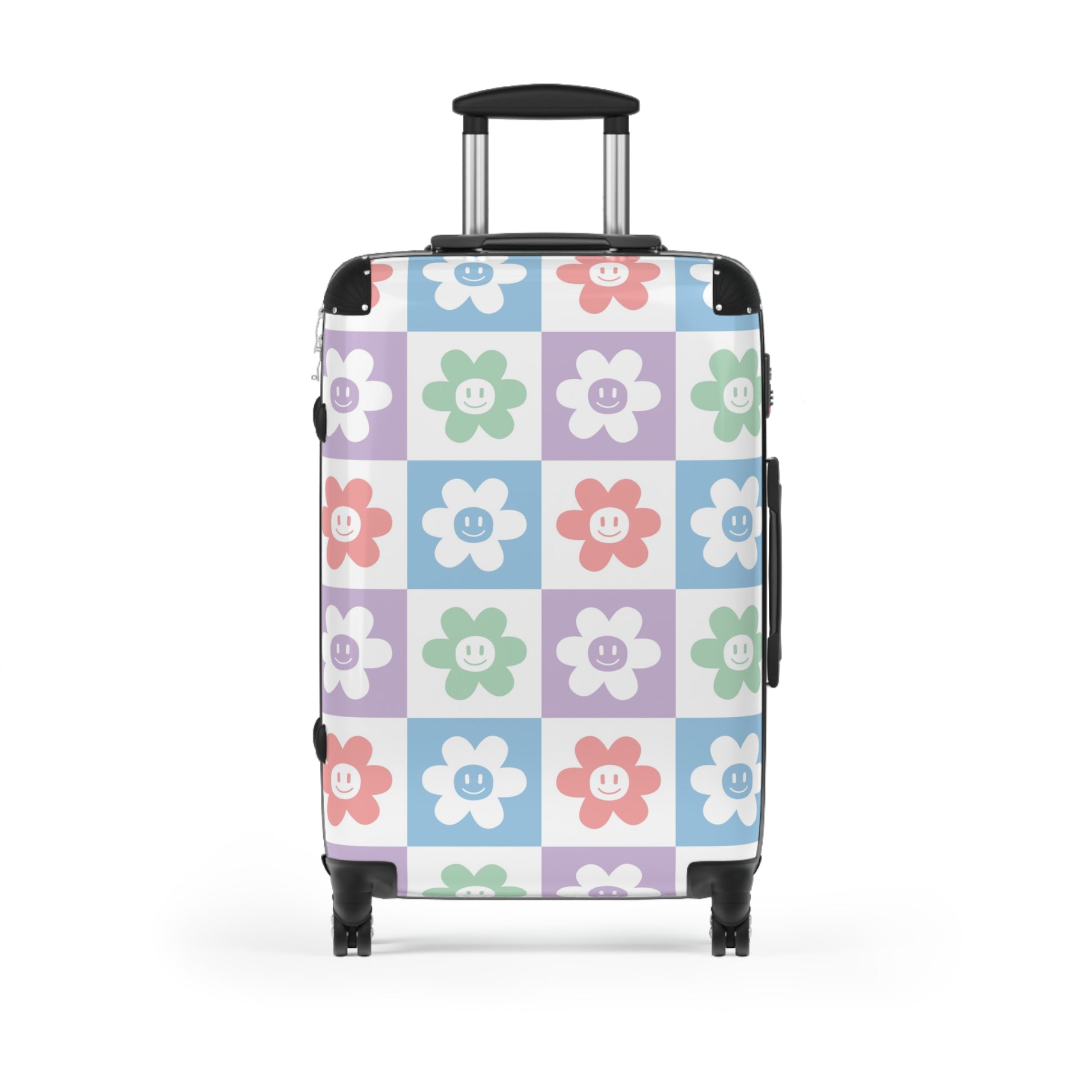 Chessboard x Smiley Face Flowers Multi-Color Suitcase, Artsulli - Art is Long, Life is Short, Bags, Size, Medium, Color, Black, , , 29662838254586968692