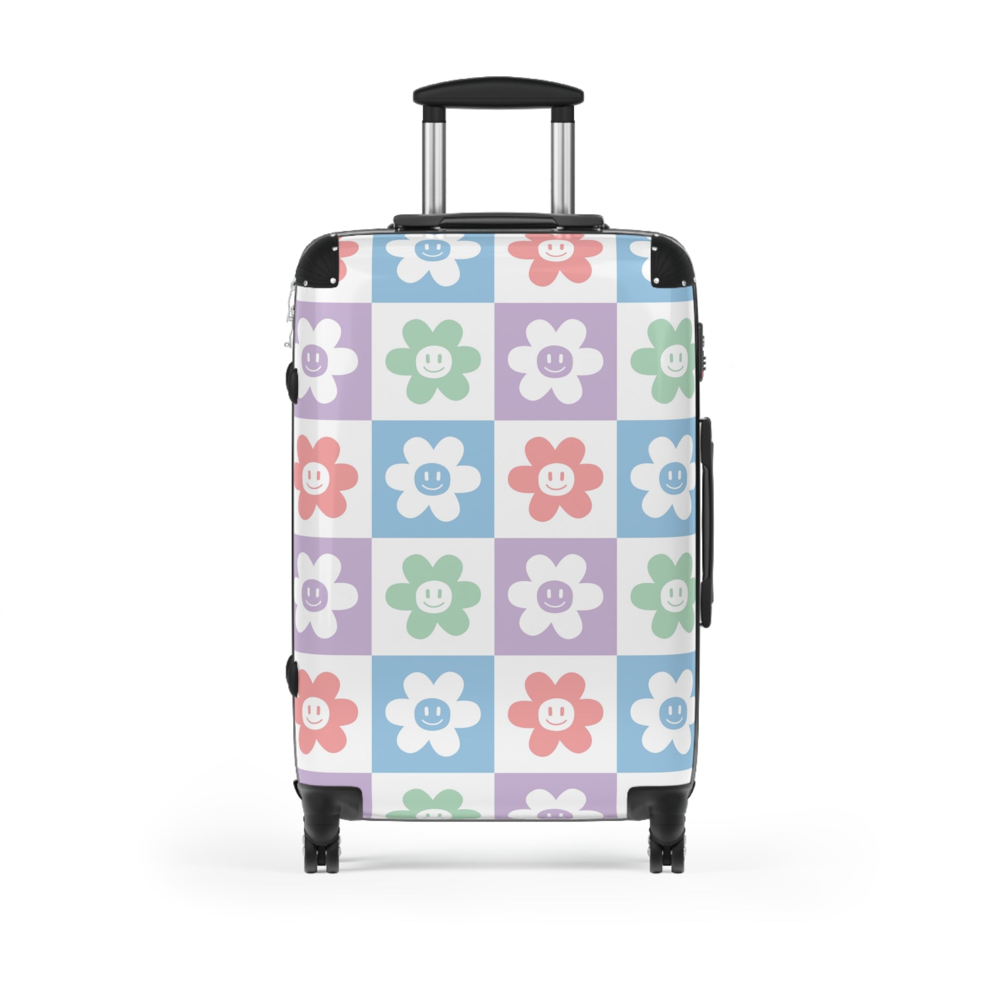 Chessboard x Smiley Face Flowers Multi-Color Suitcase, Artsulli - Art is Long, Life is Short, Bags, Size, Medium, Color, Black, , , 29662838254586968692