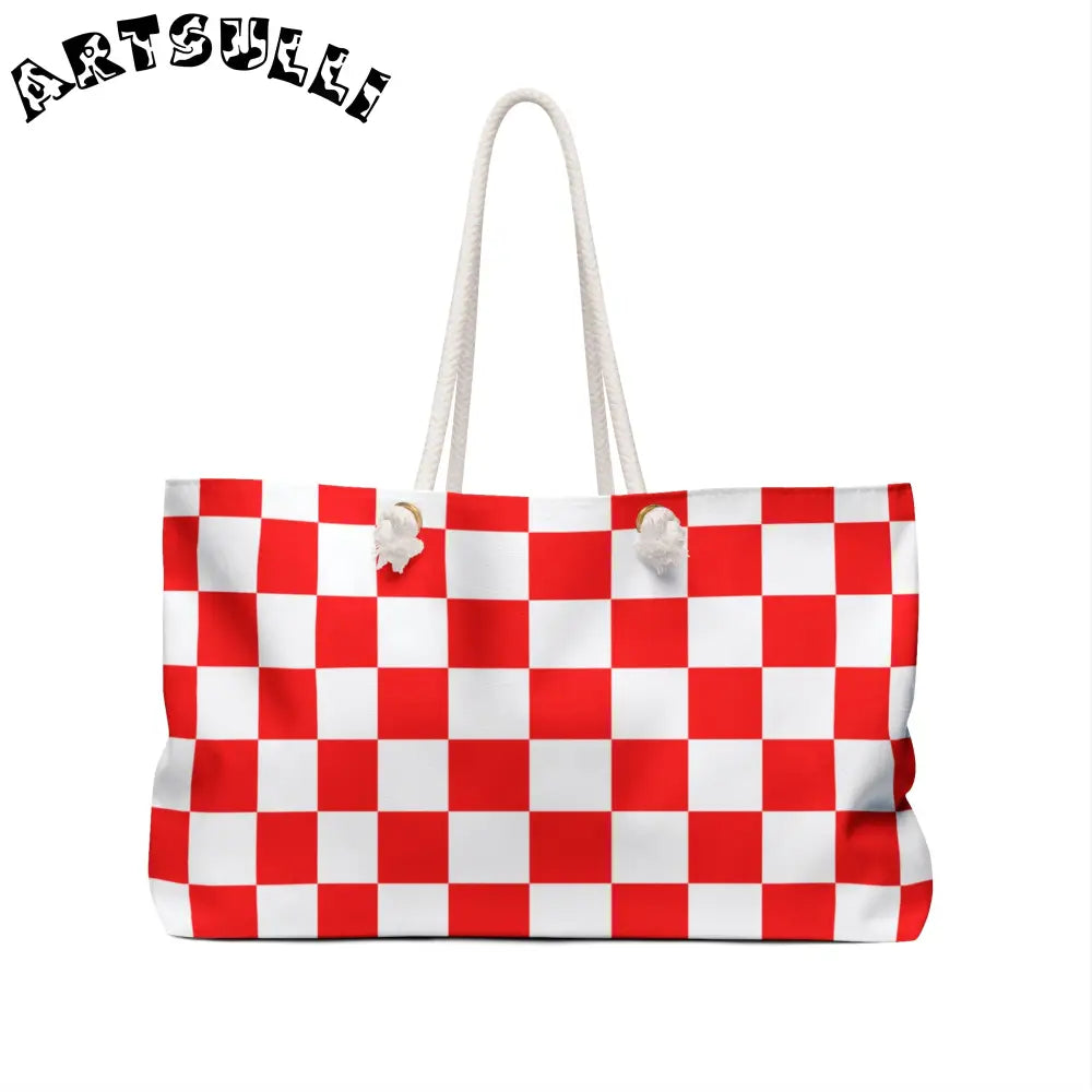 JAKKOUTTHEBXX Checkerboard Red and White Weekender Bag JAKKOUTTHEBXX