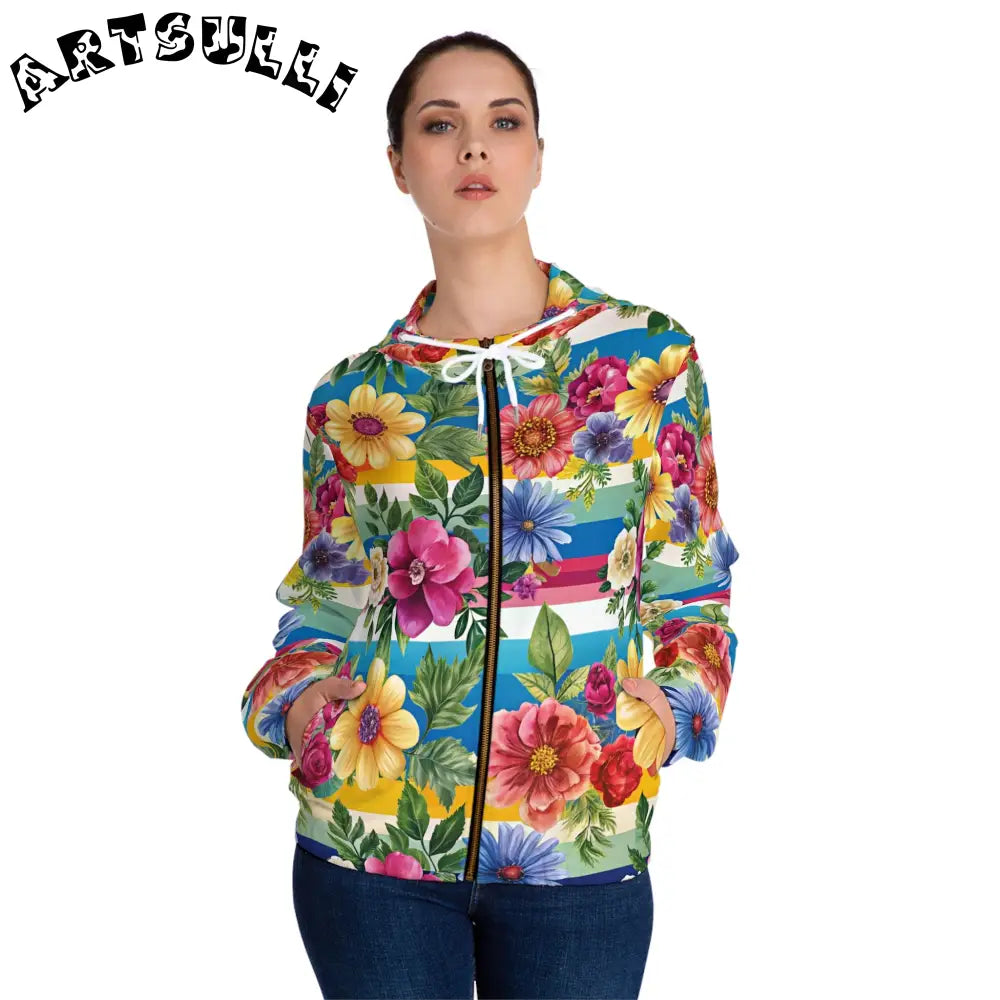 JAKKOUTTHEBXX Colorful Floral Stripe Women’s Zip Hoodie 2025