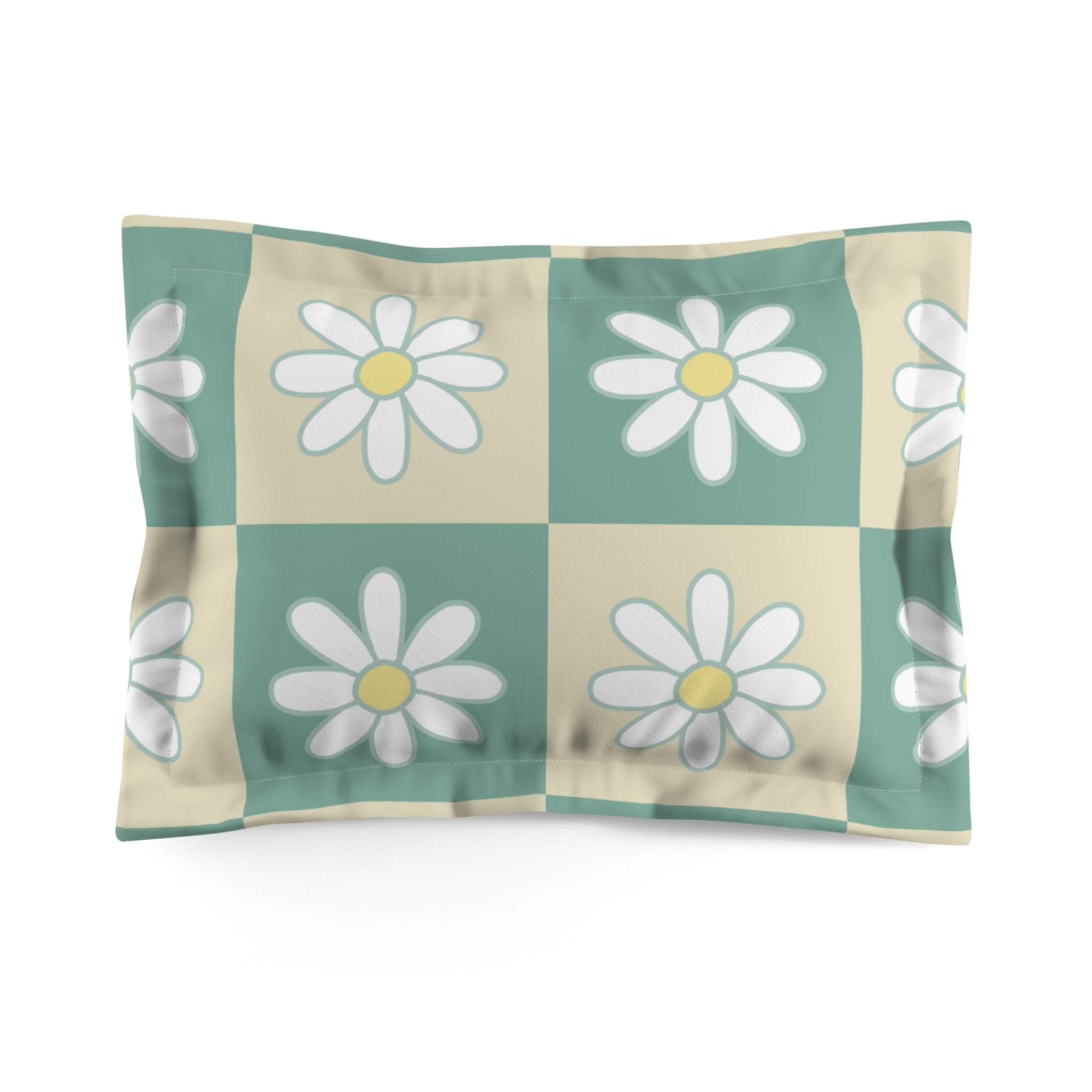 Retro Daisy Checkerboard Green and Tan Microfiber Pillow Sham, Artsulli - Art is Long, Life is Short, Home Decor, Size, Standard, , , , , 25789640398676490862