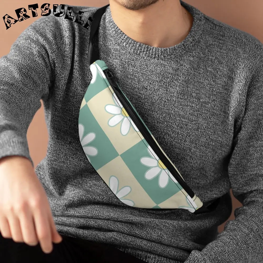 JAKKOUTTHEBXX Retro Daisy Checkerboard Green and Tan Fanny Pack