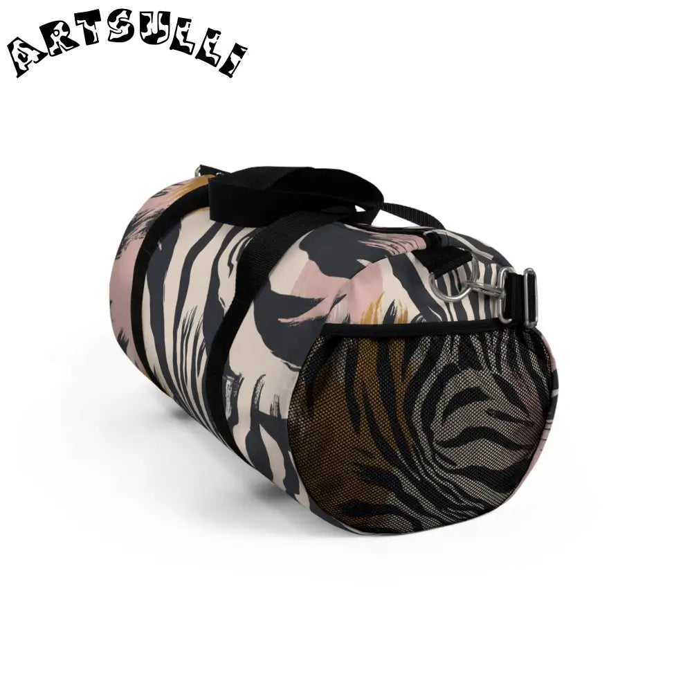JAKKOUTTHEBXX Beige and Pink Abstract Zebra Print Duffel Bag