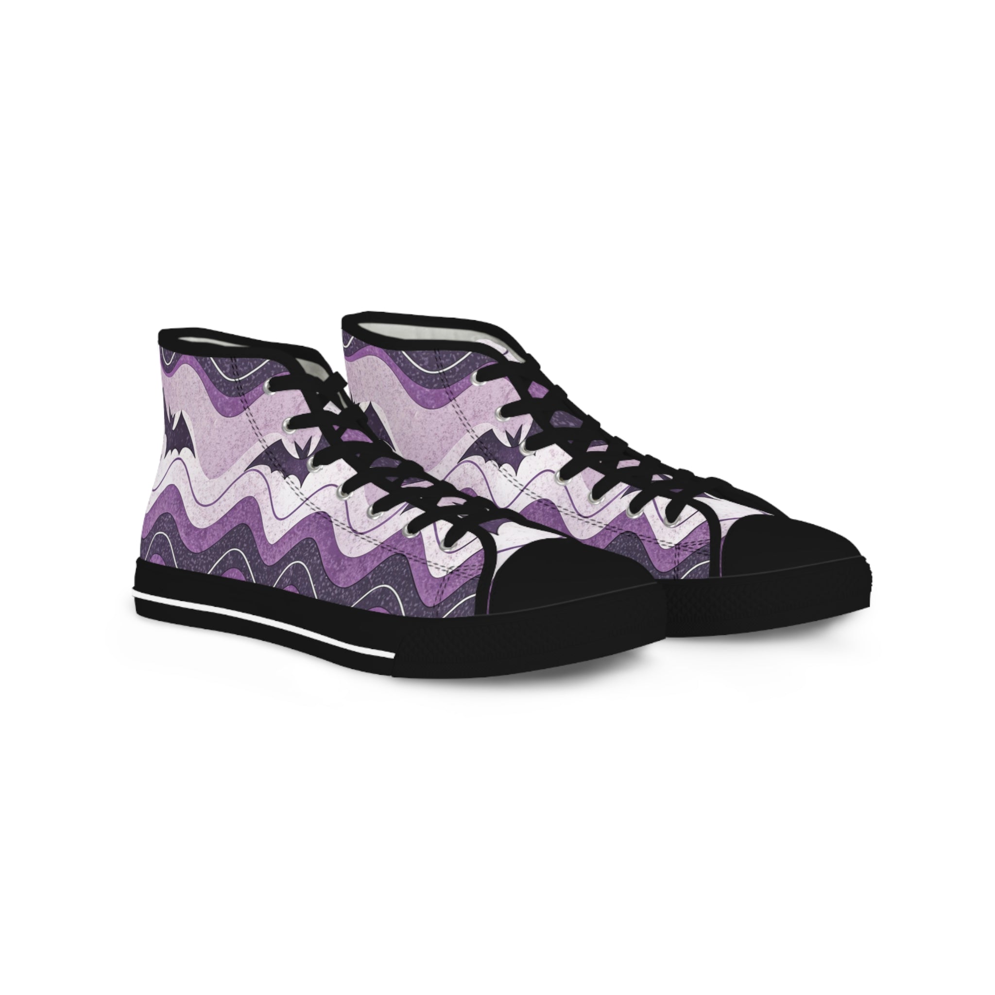 Bat Wave Purple Men's High Top Sneakers, Artsulli - Art is Long, Life is Short, Shoes, Size, US 5, Color, Black sole, , , 38795180894411