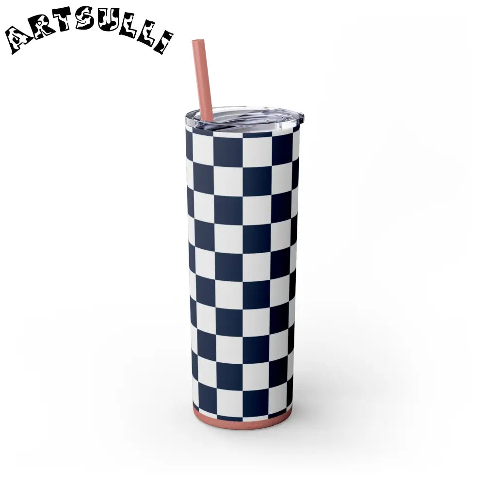 JAKKOUTTHEBXX Checkerboard White and Navy Blue Skinny Tumbler
