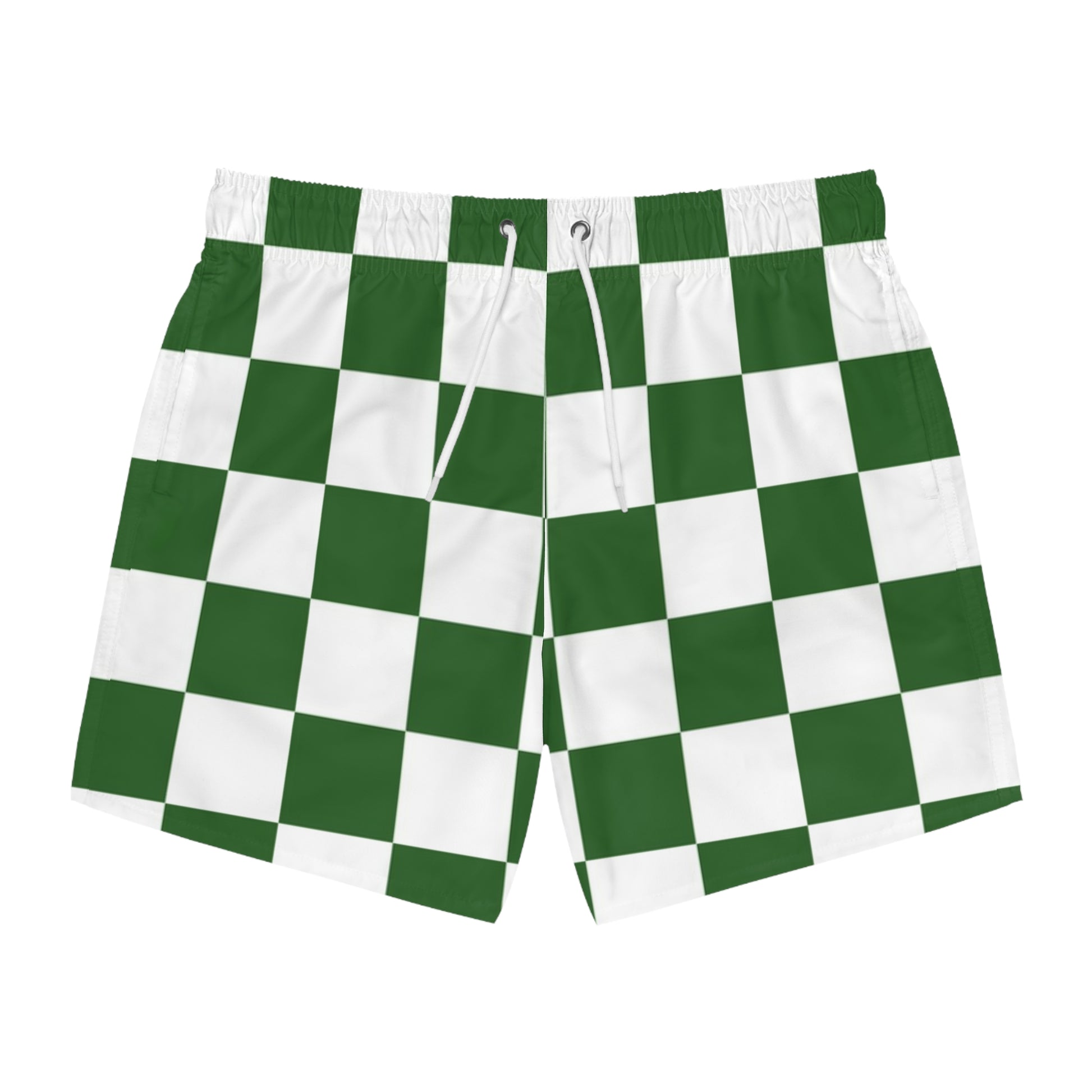 Checkerboard White and Dark Green Swim Trunks (AOP), Artsulli - Art is Long, Life is Short, All Over Prints, Size, XS, Color, Seam thread color automatically matched to design, , , 14098710717885819673